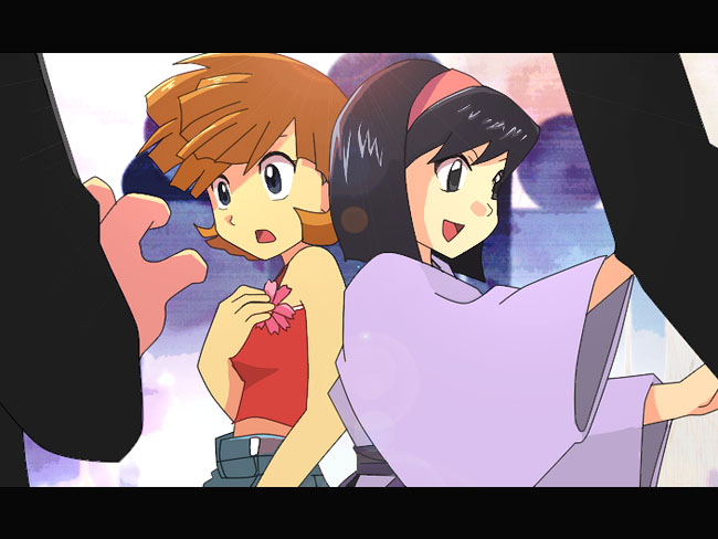 kuruko rin, yamamoto satoshi, erika (pokemon), misty (pokemon), nintendo, pokemon, pokemon adventures, pokemon special anime, bad id, bad pixiv id, bare shoulders, black hair, denim, denim shorts, flower, gym leader, hairband, japanese clothes, letterboxed, midriff, orange hair, red hair, short hair, shorts, tank top, you gonna get raped
