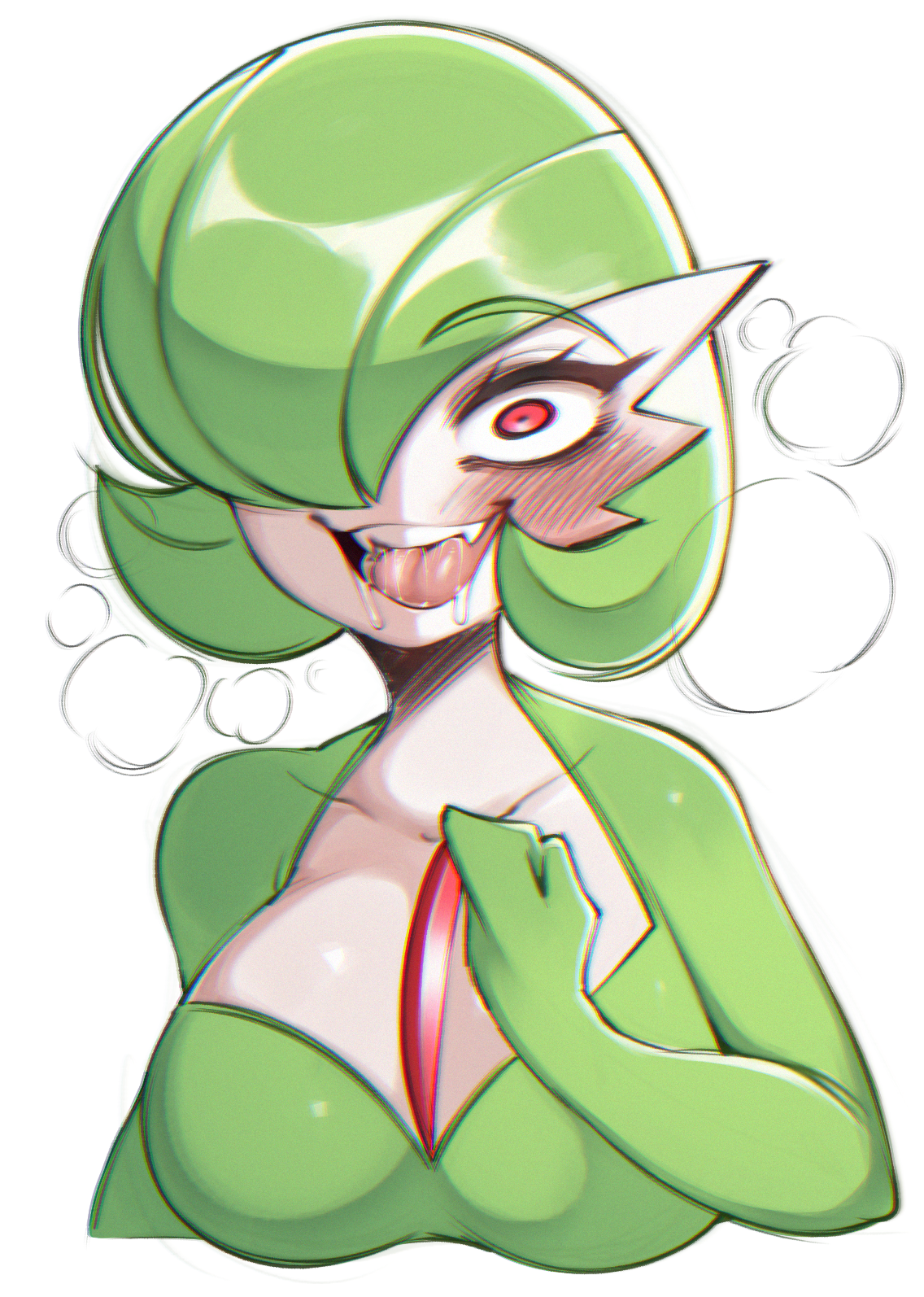 saltyxodium, gardevoir, nintendo, pokemon, 1girl, blush, bob cut, breasts, breath, clenched hand, collarbone, colored skin, constricted pupils, cropped torso, drooling, fangs, female focus, gen 3 pokemon, green hair, green skin, hair over one eye, hand up, happy, looking at viewer, medium breasts, multicolored skin, one eye covered, open mouth, pokemon (creature), red eyes, saliva, short hair, simple background, smile, solo, teeth, tongue, two-tone skin, upper body, white background, white skin, wide-eyed