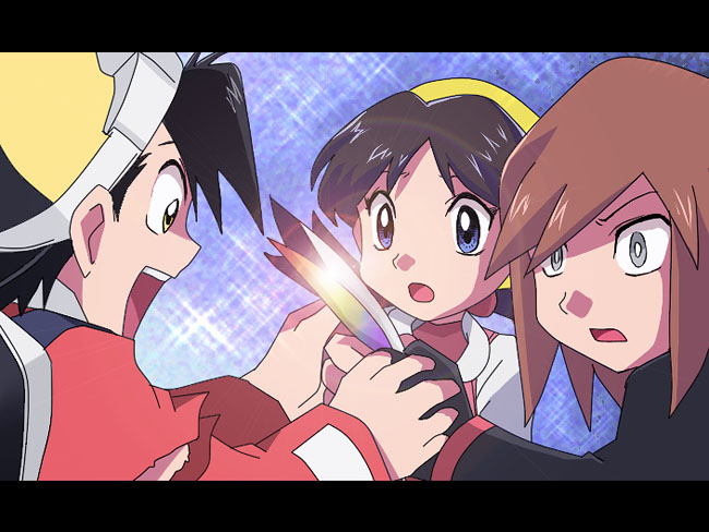 kuruko rin, yamamoto satoshi, ethan (pokemon), kris (pokemon), silver (pokemon), nintendo, pokemon, pokemon adventures, pokemon special anime, bad id, bad pixiv id, 1girl, 2boys, black hair, blue eyes, feathers, gloves, goggles, grey eyes, hat, letterboxed, multiple boys, red hair, yellow eyes