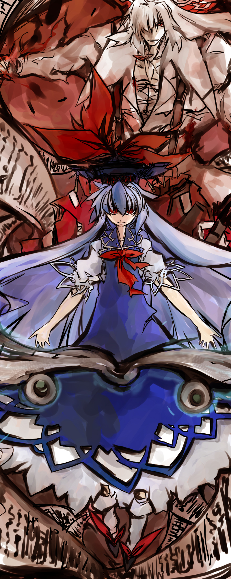 beru, fujiwara no mokou, kamishirasawa keine, capcom, devil may cry (series), touhou, highres, long image, tall image, 00s, 1boy, 1girl, genderswap, genderswap (ftm), hat, long hair, red eyes, ribbon