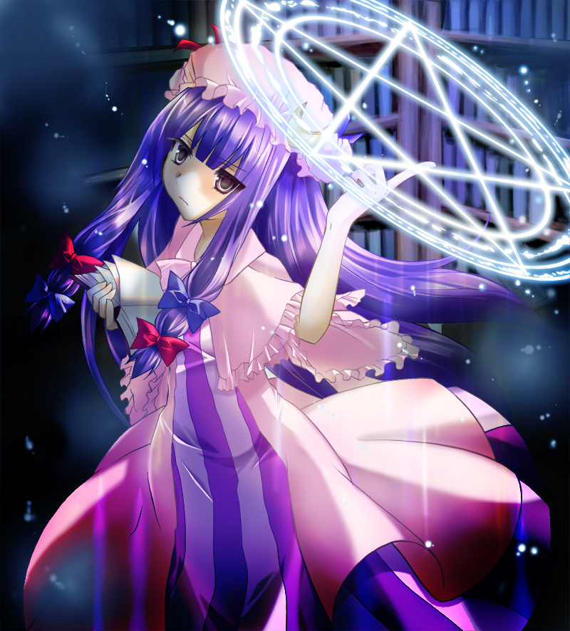 misato miyu, patchouli knowledge, touhou, bad id, bad pixiv id, 1girl, blue bow, book, bow, capelet, crescent, crescent hair ornament, dress, female focus, frilled capelet, frills, hair bow, hair ornament, hat, hime cut, index finger raised, library, long hair, magic circle, magician, mob cap, multiple hair bows, open book, pentagram, pink hat, purple hair, red bow, serious, solo, star (symbol), striped clothes, striped dress