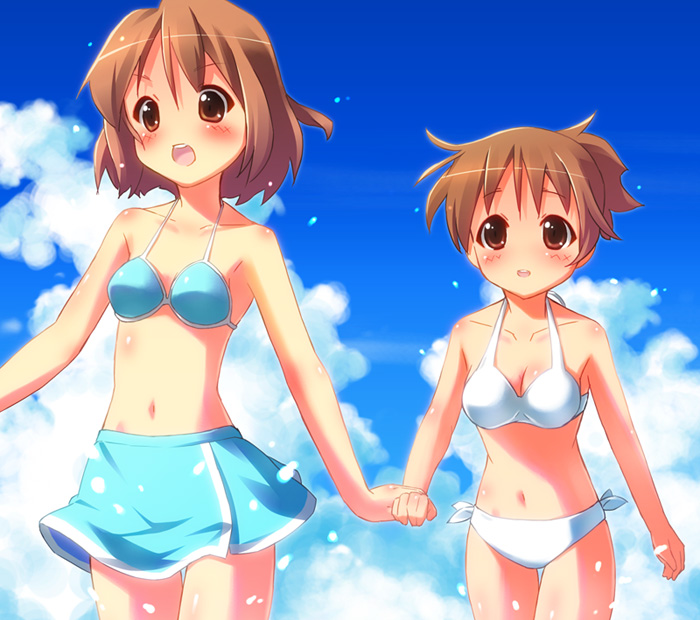 pu-en, hirasawa ui, hirasawa yui, k-on!, 00s, 2girls, bikini, blush, brown eyes, brown hair, cloud, day, holding hands, multiple girls, short hair, siblings, sisters, swimsuit