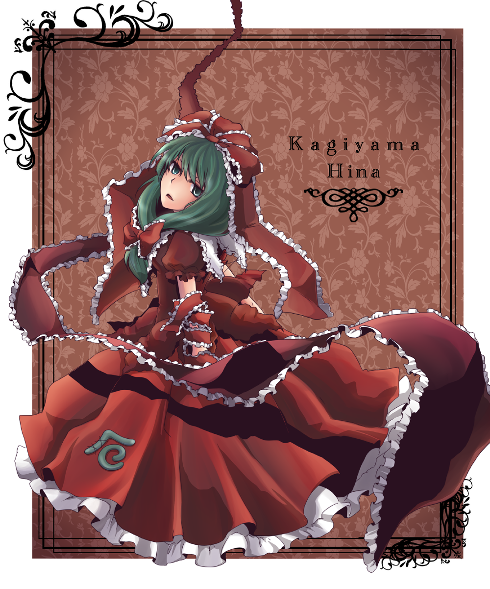 urita (vivivinicol), kagiyama hina, touhou, highres, 1girl, character name, dress, female focus, front ponytail, green eyes, green hair, hair ribbon, looking back, matching hair/eyes, ribbon, short hair, skirt hold, solo