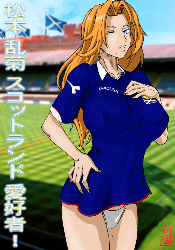 aikokutora, matsumoto rangiku, 2006 fifa world cup, bleach, world cup, 00s, 1girl, blonde hair, blue eyes, breast suppress, breasts, female focus, huge breasts, long hair, long shirt, mole, mole under mouth, no pants, one eye closed, orange hair, panties, soccer, solo, underwear, wink