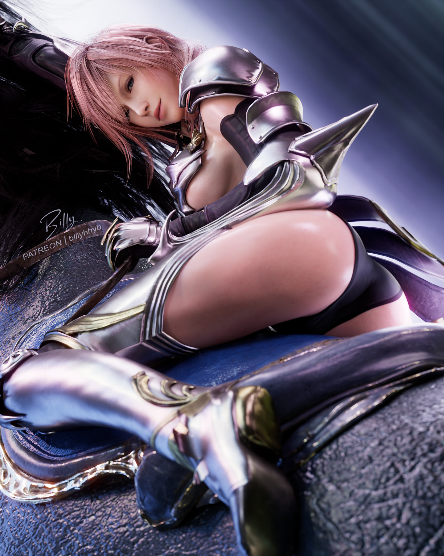 billyhhyb, lightning farron, final fantasy, final fantasy xiii, final fantasy xiii-2, highres, 1girl, armor, armored leotard, ass, bridal gauntlets, elbow spikes, from behind, greaves, head tilt, horse, leotard, official alternate costume, pink hair, riding, shoulder armor, silver armor, smile, solo, thighs