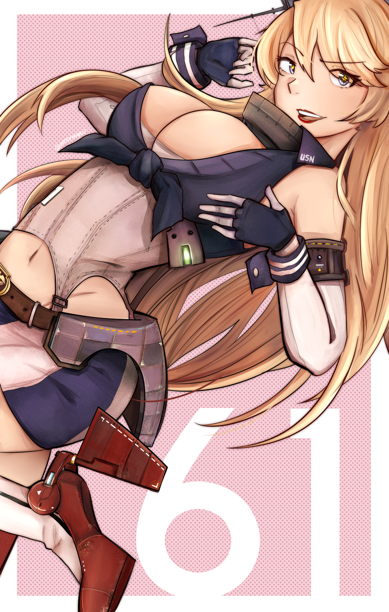 bananamaru, iowa (kancolle), kantai collection, commentary, english commentary, highres, 1girl, blonde hair, blue eyes, border, breasts, cleavage, elbow gloves, fingerless gloves, front-tie top, gloves, hair between eyes, headgear, large breasts, lipstick, long hair, looking at viewer, makeup, open mouth, red lips, rudder footwear, skirt, smile, solo, star-shaped pupils, star (symbol), striped clothes, striped skirt, symbol-shaped pupils, vertical-striped clothes, vertical-striped skirt, white border