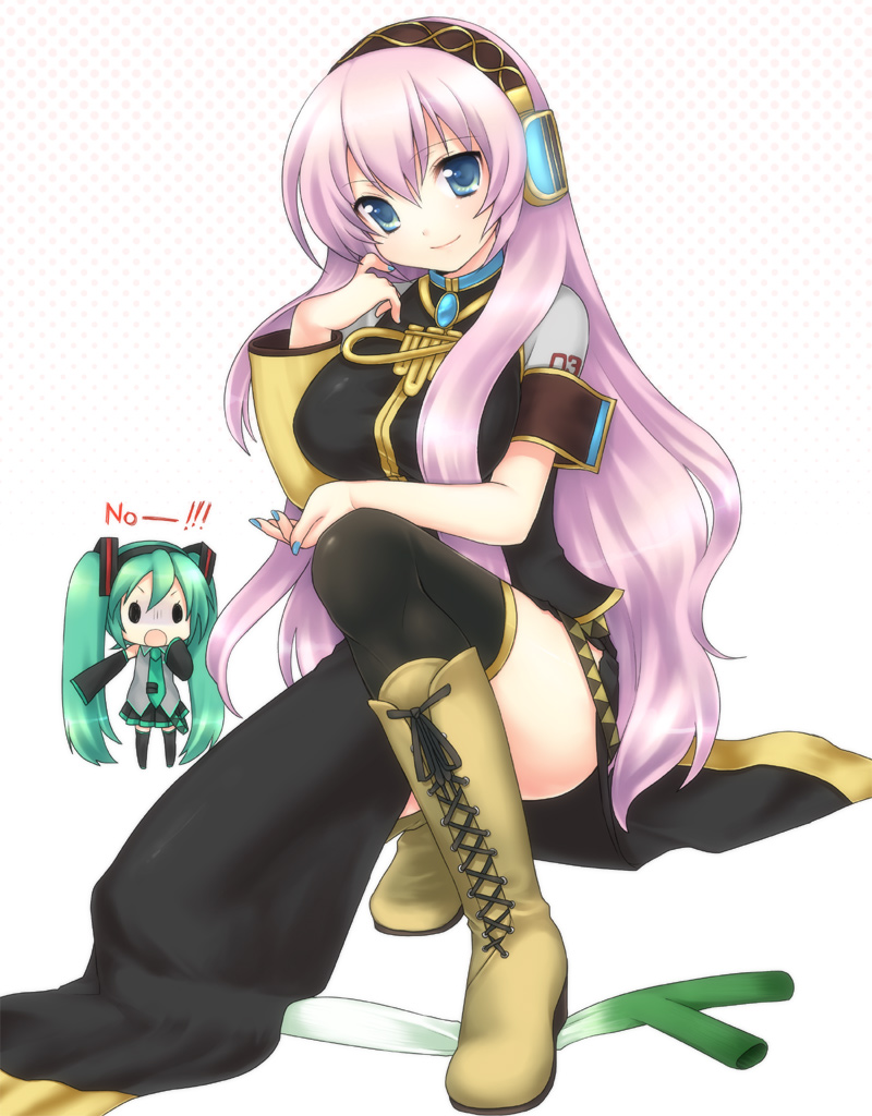 usashiro mani, hatsune miku, megurine luka, vocaloid, bad id, bad pixiv id, boots, chibi, long hair, pink hair, side slit, smile, spring onion, squatting, thighhighs, very long hair