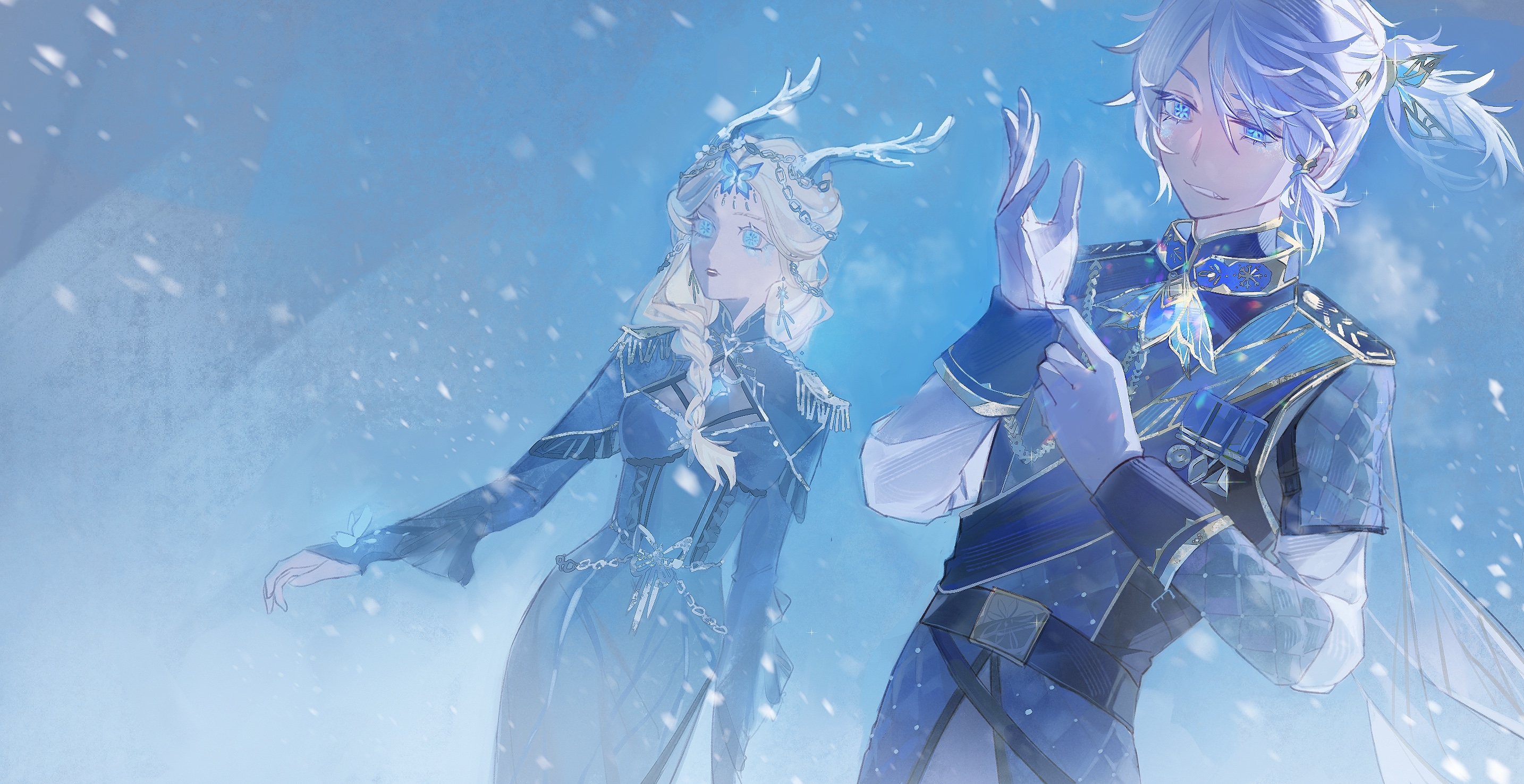 fiona gilman, luca balsa, luca balsa (winter cicada), identity v, commentary, highres, symbol-only commentary, 1boy, 1girl, adjusting clothes, antlers, blizzard, blonde hair, blue capelet, blue dress, blue eyes, blue hair, blue jacket, blue theme, braid, capelet, dress, earrings, fang, fiona gilman (frozen butterfly), floating clothes, floating hair, flower-shaped pupils, gaozhouyong, hair pulled back, hair tubes, horns, insect wings, jacket, jewelry, ponytail, reindeer antlers, shirt, side braid, single braid, snow, symbol-shaped pupils, upper body, white shirt, wings