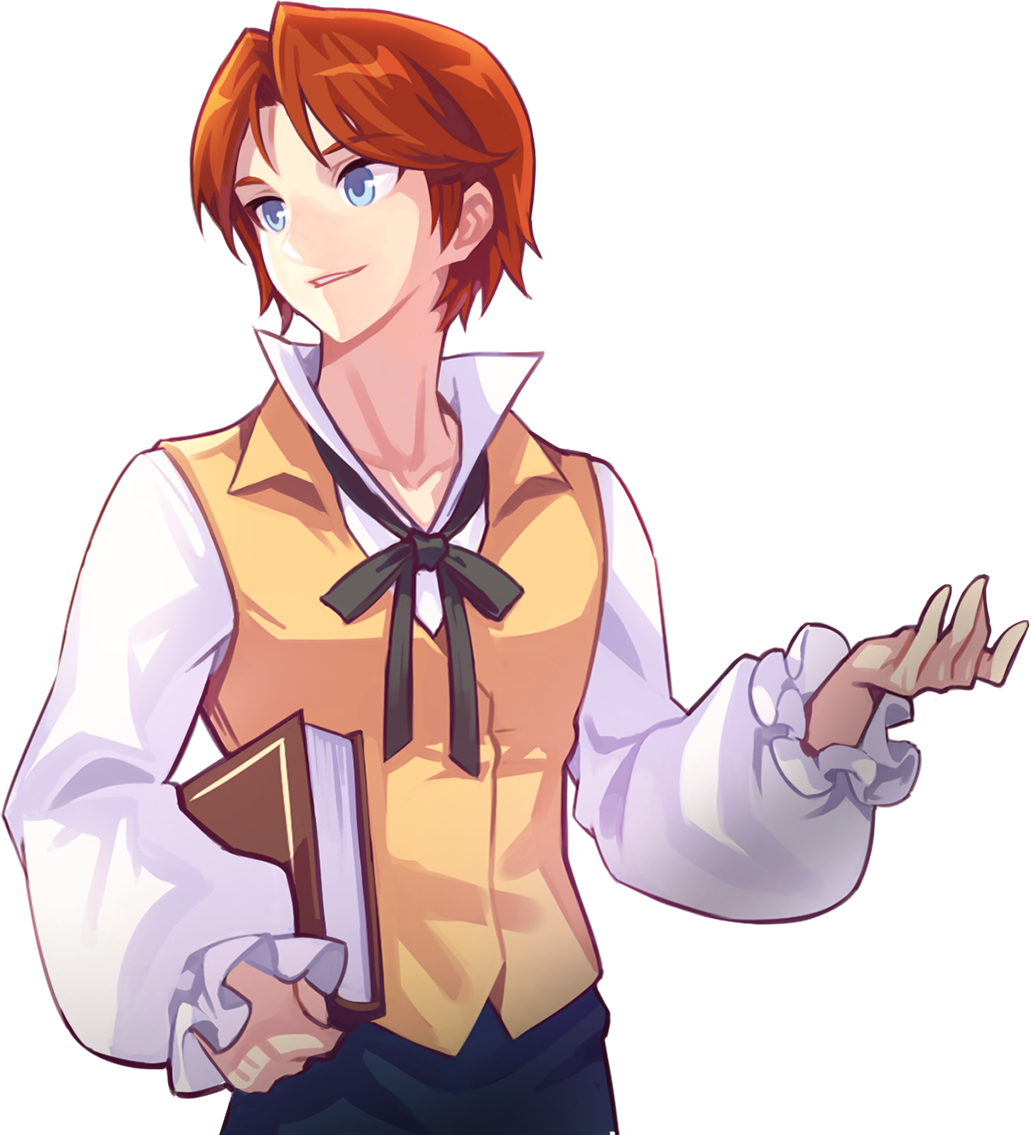 nexon, tales weaver, artist request, character request, official art, second-party source, 1boy, black pants, black ribbon, blue eyes, book, collarbone, collared vest, cowboy shot, grin, high collar, holding, holding book, long sleeves, male focus, neck ribbon, open hand, pants, parted hair, popped collar, puffy long sleeves, puffy sleeves, red hair, ribbon, shirt, short hair, smile, teeth, transparent background, vest, white shirt, white sleeves, wing collar, yellow vest