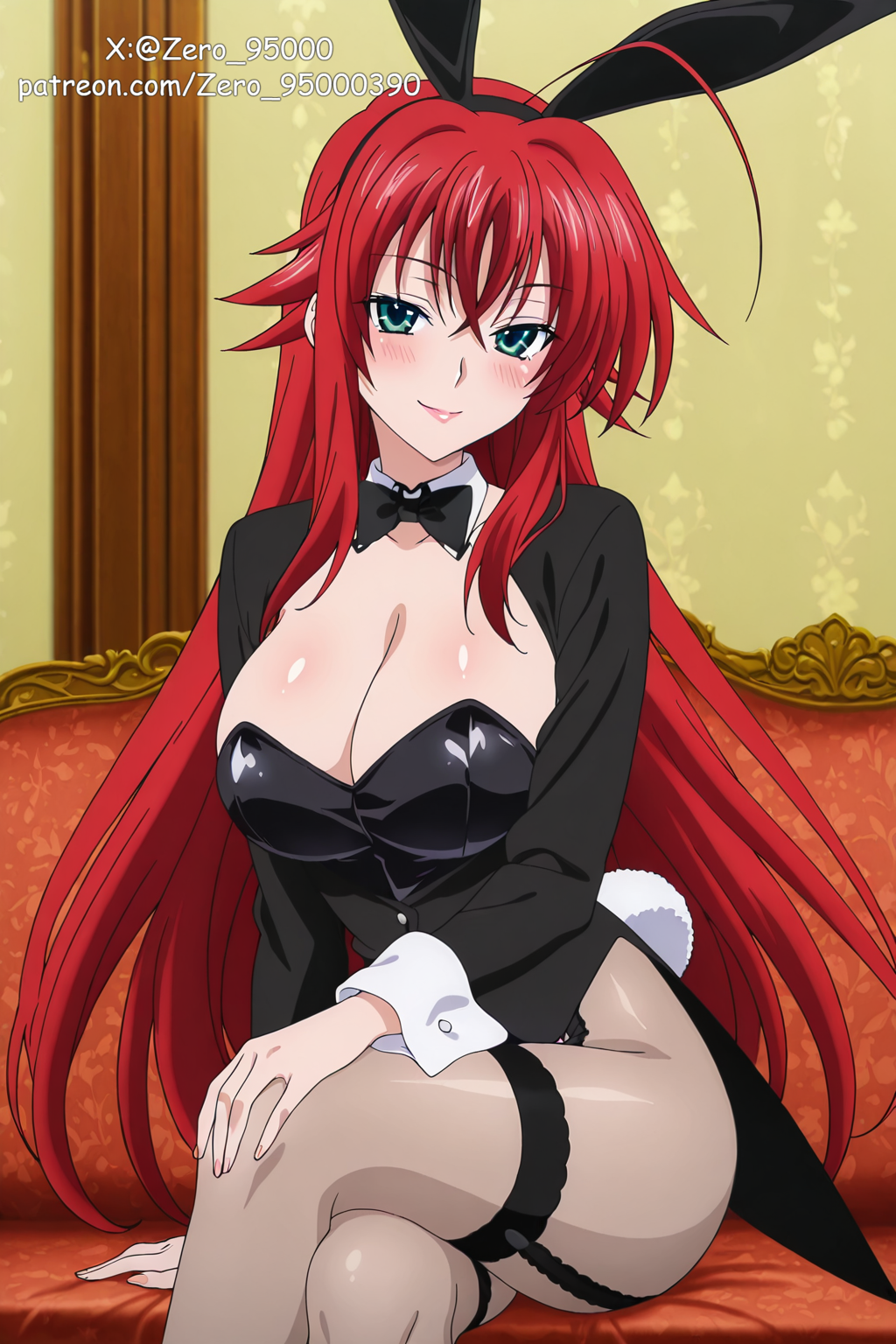 rias gremory, high school dxd, highres, 1girl, ahoge, animal ear hairband, animal ears, black leotard, blue eyes, blush, bow, bowtie, breasts, cleavage, covered navel, crossed legs, detached collar, fake animal ears, hair between eyes, hairband, leotard, long hair, long sleeves, looking at viewer, pantyhose, playboy bunny, rabbit ear hairband, rabbit ears, rabbit tail, red hair, simple background, sitting, smile, solo, strapless, strapless leotard, tail, very long hair, wrist cuffs, zero 95000