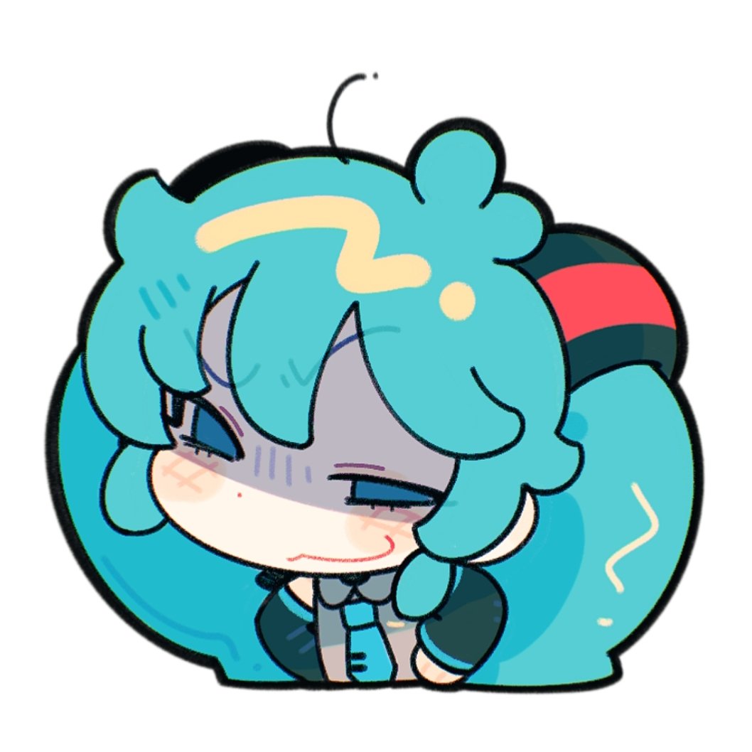 suuroku, hatsune miku, vocaloid, commentary, symbol-only commentary, 1girl, blue eyes, blue hair, blush stickers, chibi, chibi only, collared shirt, cropped torso, detached sleeves, hair ornament, hands on own hips, long hair, narrowed eyes, necktie, shaded face, shirt, sleeveless, sleeveless shirt, smile, smirk, smug, solo, twintails, uneven eyes