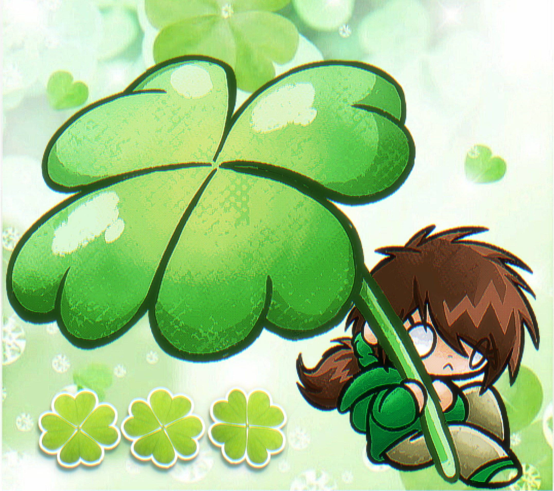 eddsworld, commentary, highres, symbol-only commentary, 1girl, brown hair, cable bun, chibi, chibi only, clover, ell (eddsworld), frown, green hoodie, green shoes, green theme, heisei retro, holding, holding clover, hood, hood down, hoodie, long hair, o o, oversized object, ponytail, shoes