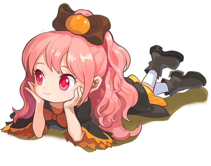 anais del caril, nexon, tales weaver, alpha transparency, artist request, official art, second-party source, 1girl, ankle boots, ankle socks, black sleeves, boots, bow, brown boots, brown bow, closed mouth, coat bow, dress, eyelashes, food-themed hair ornament, full body, hair ornament, hands on own cheeks, hands on own face, high ponytail, lying, on stomach, orange bow, orange dress, pink hair, ponytail, pumpkin hair ornament, red eyes, red pupils, shadow, smile, socks, solo, three-quarter sleeves, transparent background, wavy hair, white socks, wide sleeves