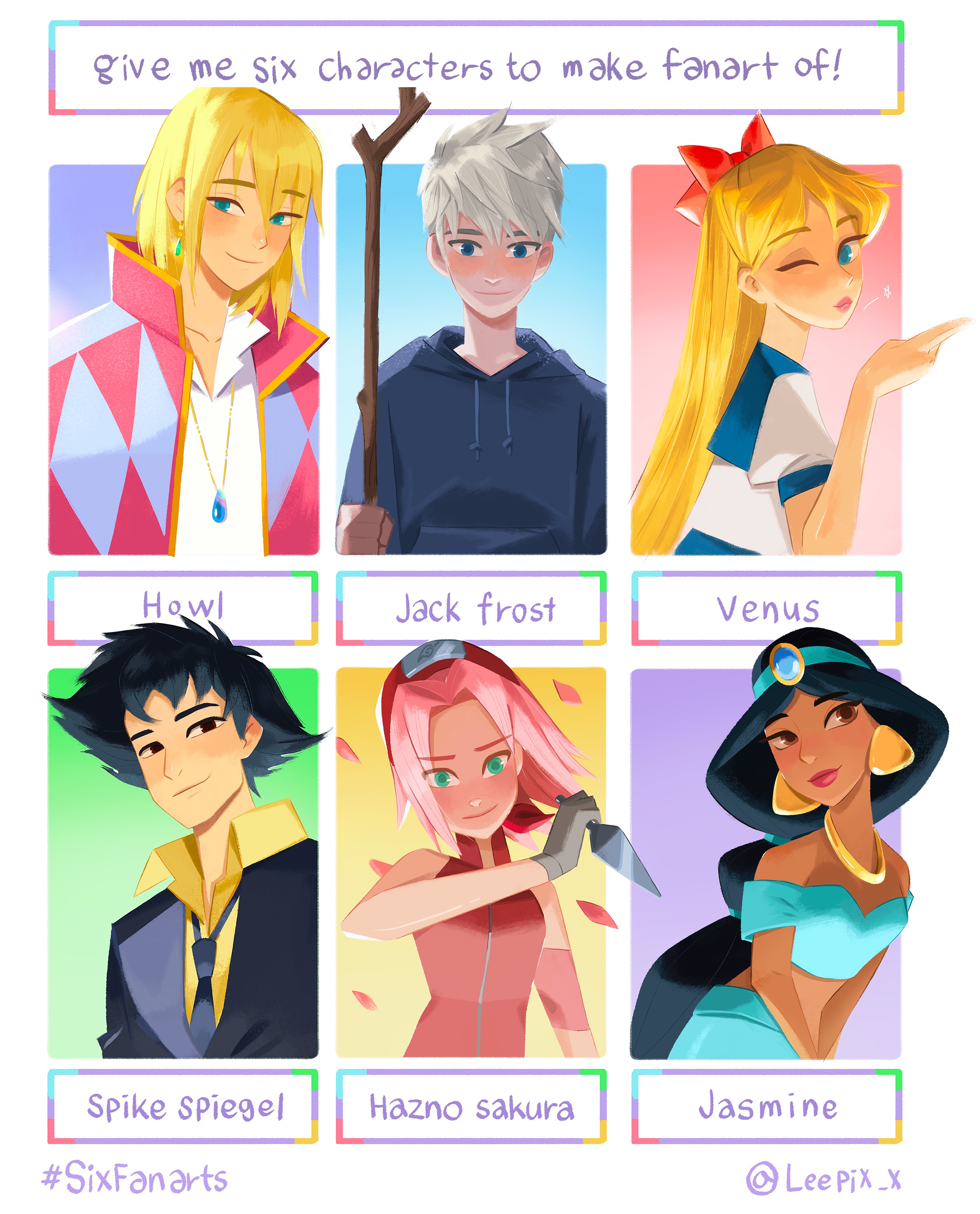 leepix x, aino minako, haruno sakura, jack frost (rise of the guardians), jasmine (disney), spike spiegel, aladdin (movie), bishoujo senshi sailor moon, cowboy bebop, howl no ugoku shiro, naruto (series), rise of the guardians, howl pendragon, absurdres, highres, korean commentary, mixed-language commentary, 3boys, 3girls, bare shoulders, black hair, blonde hair, blowing kiss, blue eyes, blush, bob cut, braid, braided ponytail, closed mouth, earrings, hairband, holding, holding stick, hood, hoodie, jewelry, long hair, looking at viewer, multiple boys, multiple drawing challenge, multiple girls, necklace, one eye closed, pink hair, shirt, short hair, six fanarts challenge, sleeveless, smile, stick, twitter username, white hair, yellow shirt