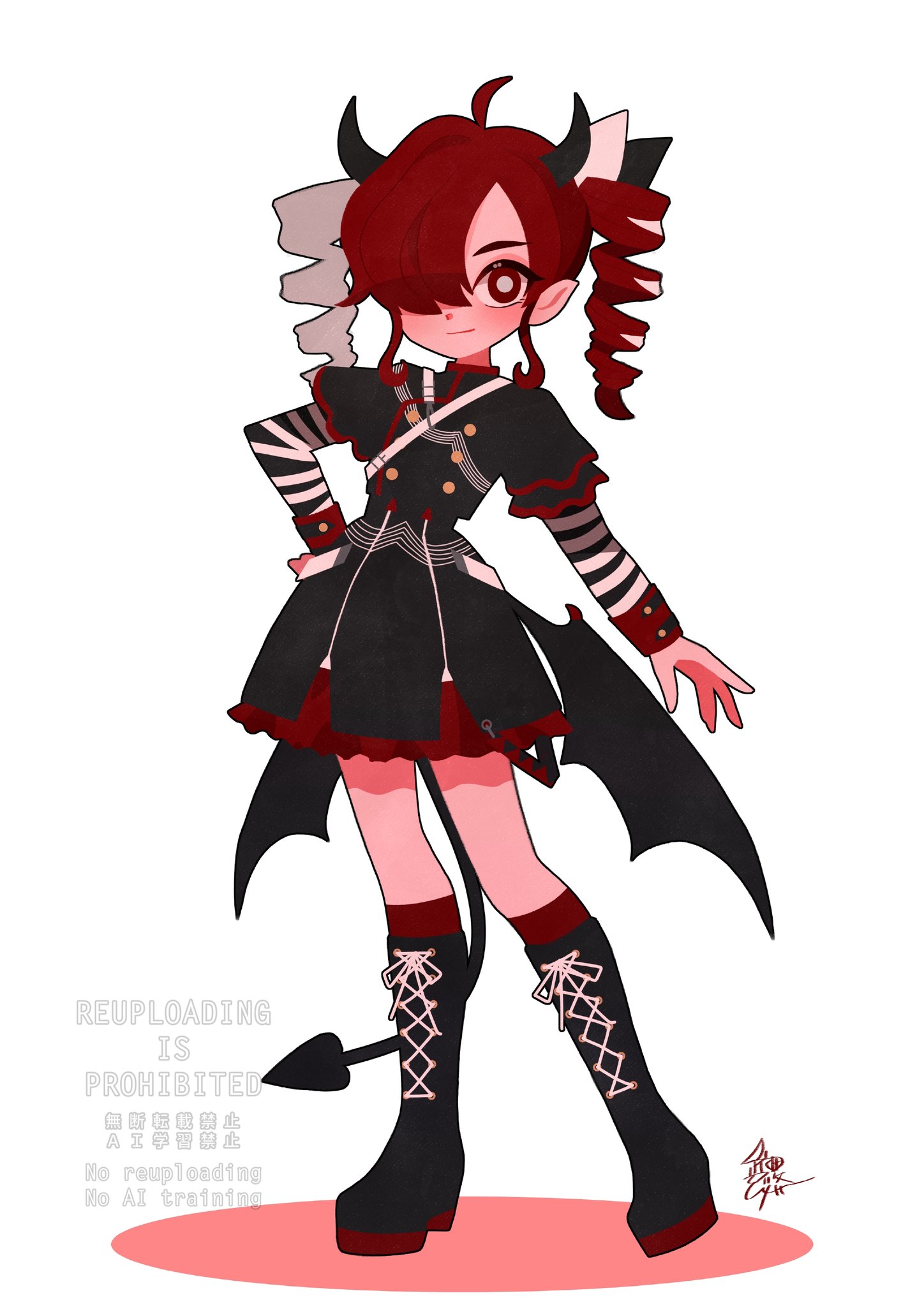 yorita genyu, kasane teto, kasane teto (sv), synthesizer v, utau, commentary request, highres, 1girl, ahoge, alternate color, boots, bow, buttons, chest harness, cropped jacket, demon girl, demon horns, demon tail, demon wings, double-breasted, drill hair, full body, hair bow, hair over one eye, hair ribbon, hand on own hip, harness, horns, lace-up boots, long sleeves, looking at viewer, low wings, pointy ears, red eyes, red hair, ribbon, signature, skirt, smile, socks, solo, striped sleeves, tail, twin drills, watermark, wings