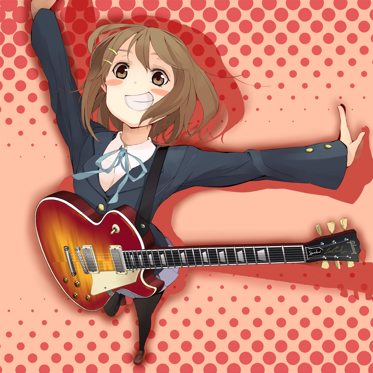 ichijou tatami, hirasawa yui, k-on!, highres, 00s, 1girl, blush, brown eyes, brown hair, female focus, foreshortening, from above, grin, guitar, hair ornament, hairclip, halftone, halftone background, instrument, outstretched arms, pantyhose, school uniform, short hair, smile, solo, spread arms