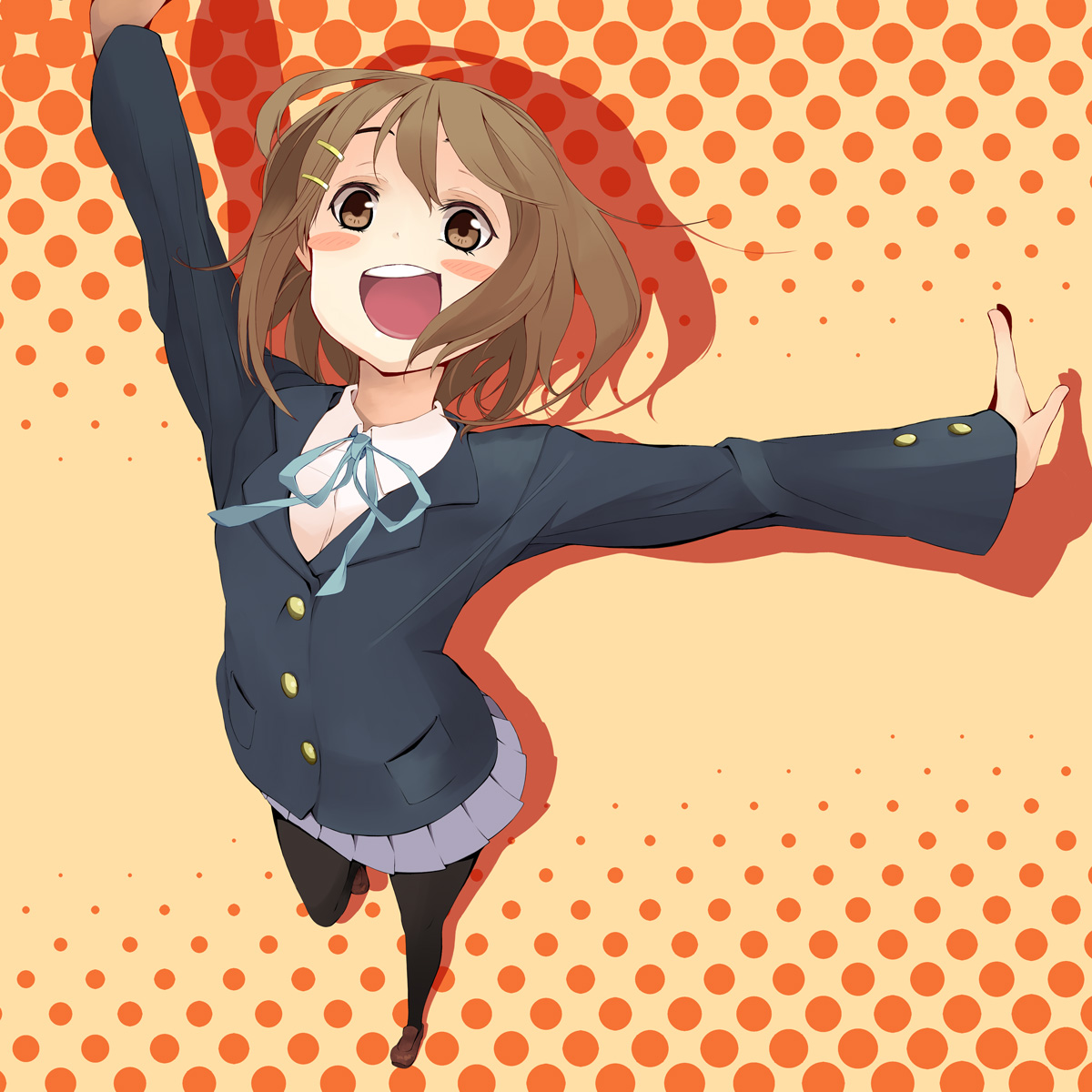 ichijou tatami, hirasawa yui, k-on!, highres, 00s, 1girl, brown eyes, brown hair, female focus, foreshortening, from above, hair ornament, hairclip, halftone, halftone background, outstretched arms, pantyhose, school uniform, short hair, solo, spread arms