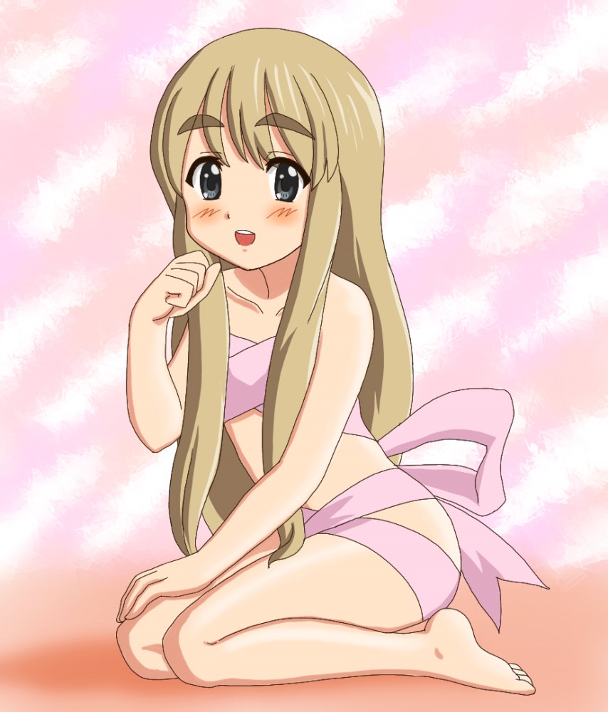 chunpai, kotobuki tsumugi, k-on!, eyebrows, 00s, 1girl, barefoot, black eyes, blonde hair, blue eyes, female focus, long hair, naked ribbon, ribbon, solo