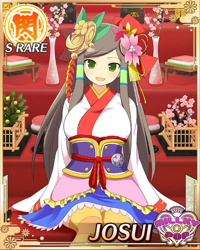 josui (senran kagura), senran kagura, senran kagura new wave, game cg, official art, 1girl, border, breasts, brown hair, card (medium), character name, english text, flower, green eyes, hair flower, hair ornament, hina ningyou, hinamatsuri, hirabitai, hishimochi, japanese clothes, kimono, large breasts, long hair, looking at viewer, official alternate costume, open mouth, saishi, sidelocks, sitting, smile, sokutai, solo, white kimono