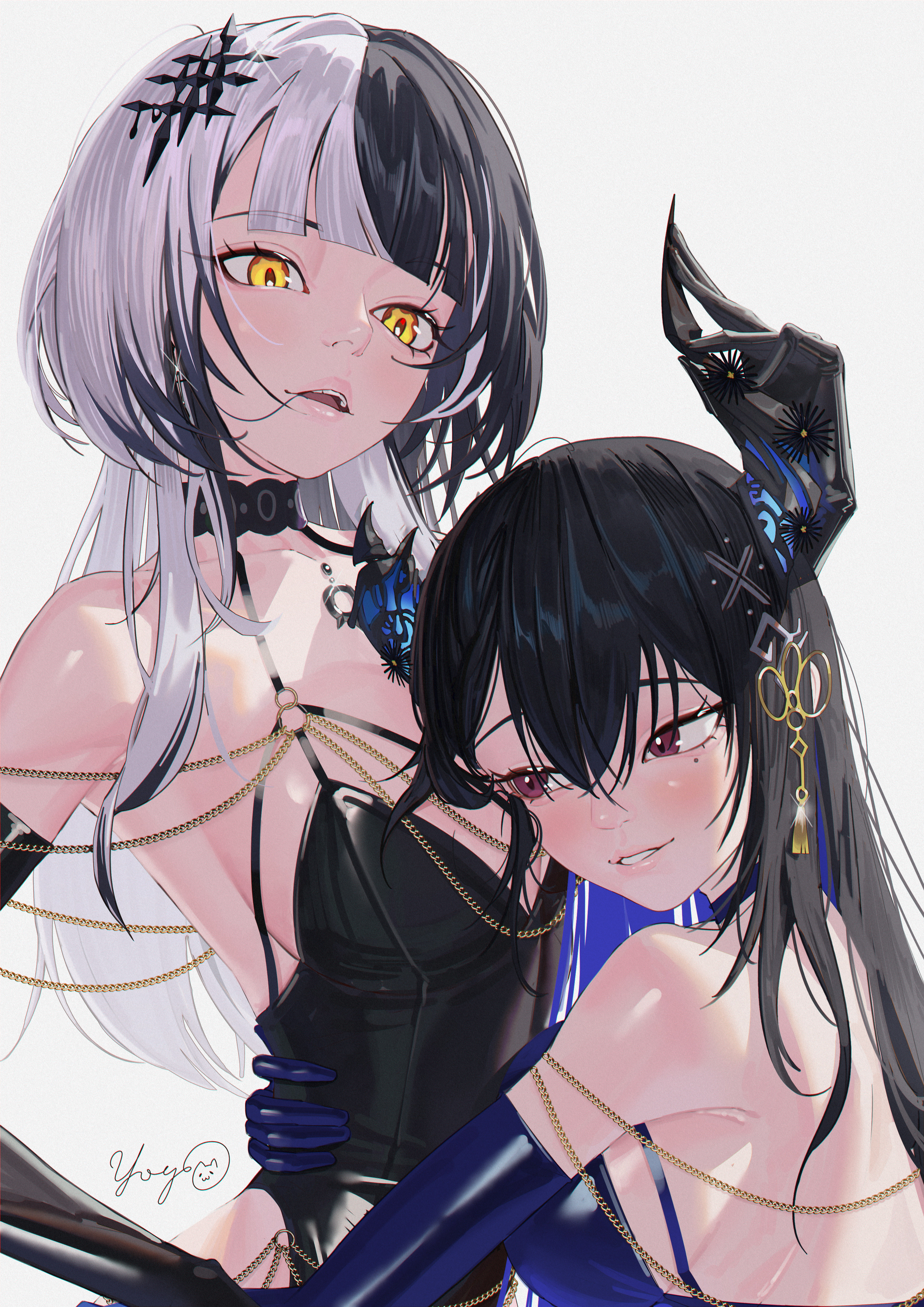 massiveyog, nerissa ravencroft, shiori novella, hololive, hololive english, absurdres, commentary, english commentary, highres, 2girls, alternate costume, asymmetrical horns, black gloves, black hair, black leotard, blue gloves, blue hair, blunt bangs, breasts, cleavage, colored inner hair, elbow gloves, flower, flower knot, gloves, grey hair, hair between eyes, hair in own mouth, hair ornament, halterneck, head on chest, horn flower, horns, hug, large breasts, leotard, long hair, looking at another, mole, mole under eye, multicolored hair, multiple girls, open mouth, parted lips, purple eyes, sidelocks, simple background, slit pupils, split-color hair, straight hair, tassel, tassel hair ornament, two-tone hair, uneven horns, upper body, virtual youtuber, white background, yellow eyes, yuri