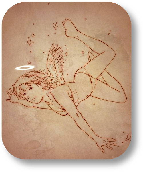 aaru sentou shuudan, nemu (haibane renmei), haibane renmei, 00s, 1girl, bare shoulders, barefoot, bikini, breasts, brown theme, female focus, halo, monochrome, rounded corners, solo, swimsuit, traditional halo, underwater, wings