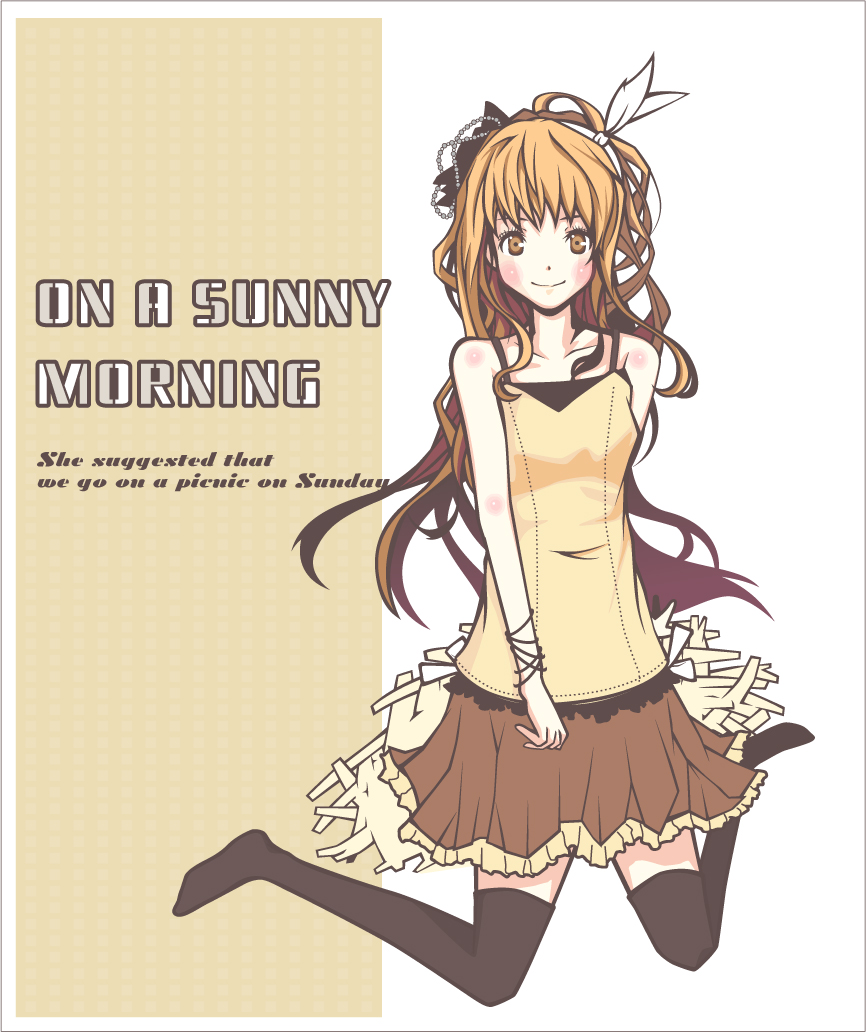 vinzerd, original, 1girl, bare shoulders, blush, bracelet, brown eyes, brown hair, english text, female focus, flat chest, full body, hair ornament, jewelry, long hair, skirt, smile, solo, strap, thighhighs, zettai ryouiki