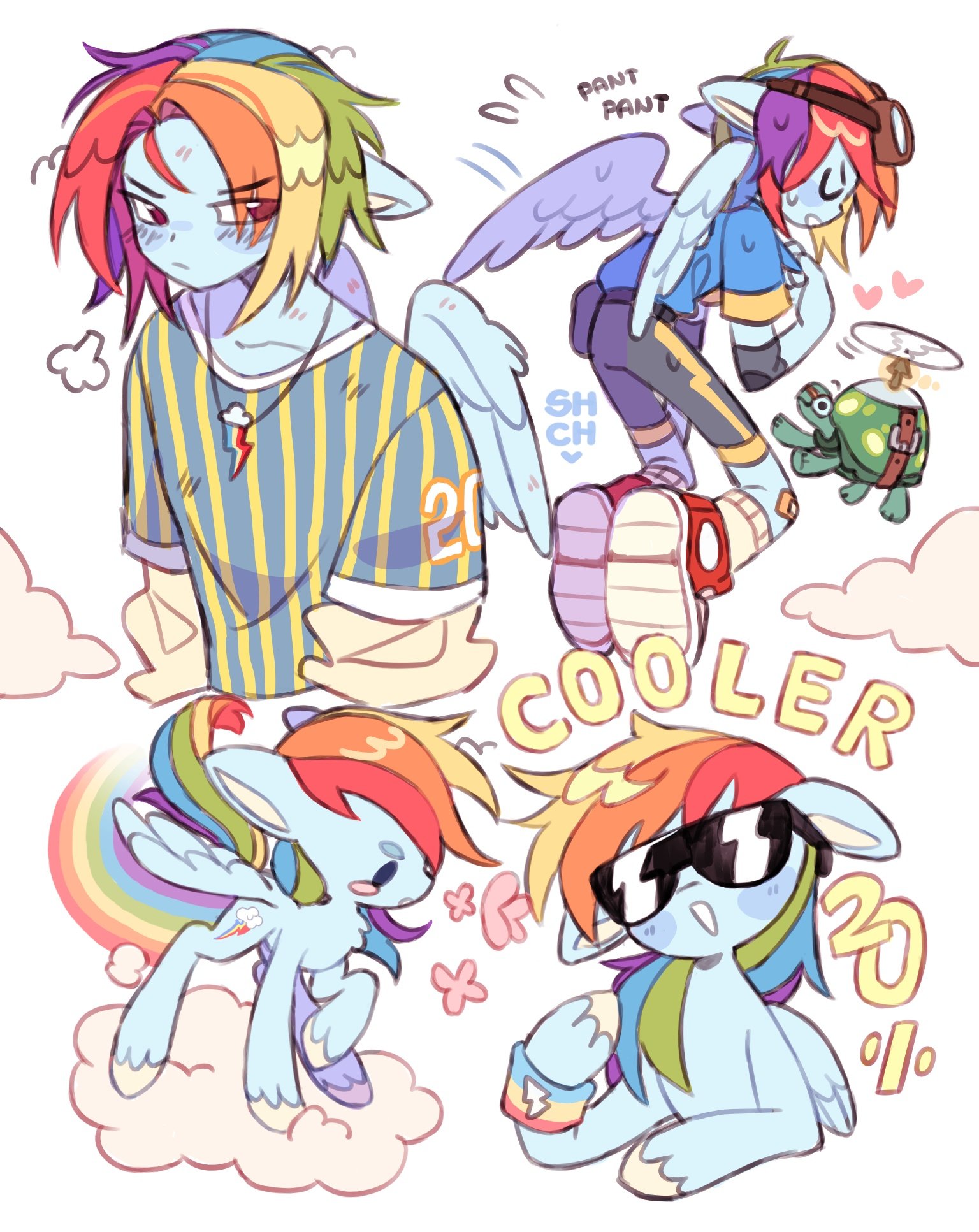 sharpycharot, rainbow dash, rainbow dash (equestria girls), tank (my little pony), my little pony, my little pony: equestria girls, my little pony: friendship is magic, commentary, highres, symbol-only commentary, 1girl, adapted costume, animal, animal ears, blue skin, cloud, colored skin, creature and personification, cutie mark, dual persona, flying, goggles, goggles on head, horse ears, horse girl, jewelry, long hair, multicolored hair, multiple views, necklace, pegasus, personification, pony (animal), rainbow hair, red shoes, shoes, short hair, sneakers, sunglasses, tomboy, turtle, wings, wonderbolts uniform