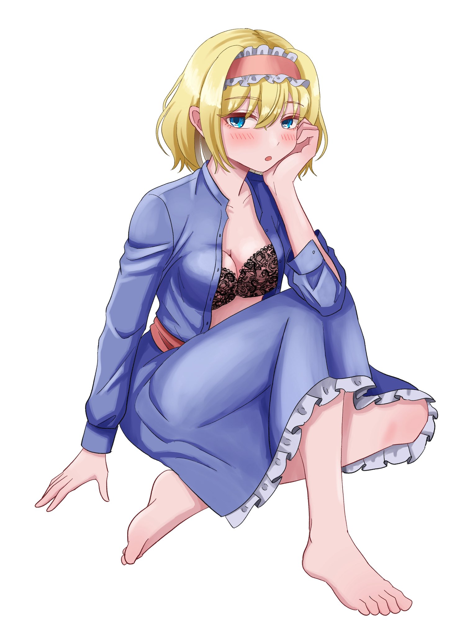 alice margatroid, touhou, commentary request, highres, 1girl, alternate costume, barefoot, black bra, blue shirt, blue skirt, blush, bra, breasts, cleavage, hairband, hand on own cheek, hand on own face, kiyo (tomoki6107), long sleeves, looking at viewer, open clothes, open mouth, open shirt, pink hairband, shirt, simple background, skirt, solo, toes, underwear, white background