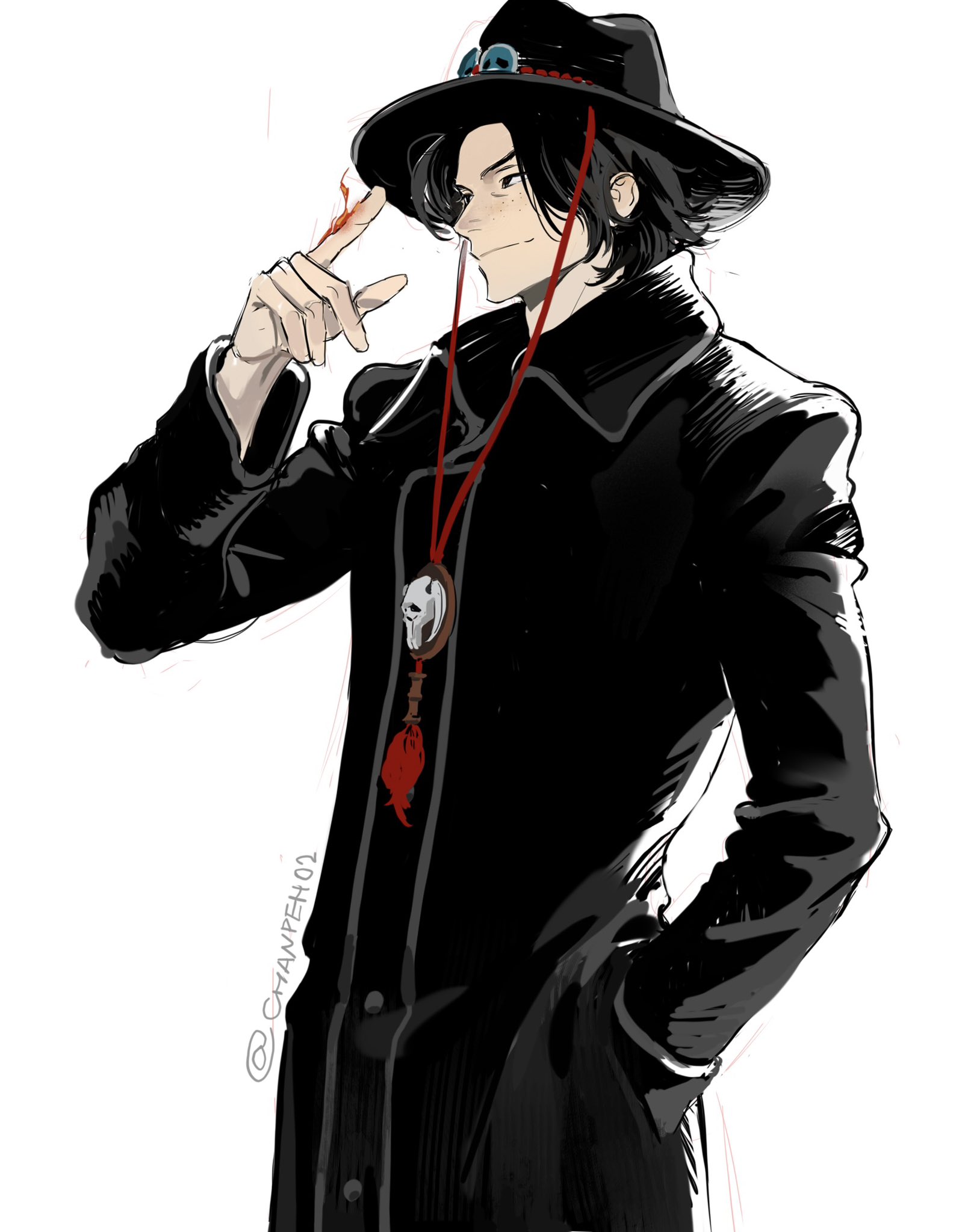 chanpeho2, portgas d. ace, one piece, chinese commentary, commentary request, highres, 1boy, black coat, black hair, black hat, closed mouth, coat, collared coat, cowboy shot, freckles, hand in pocket, hat, looking ahead, male focus, short hair, simple background, smile, solo, twitter username, white background