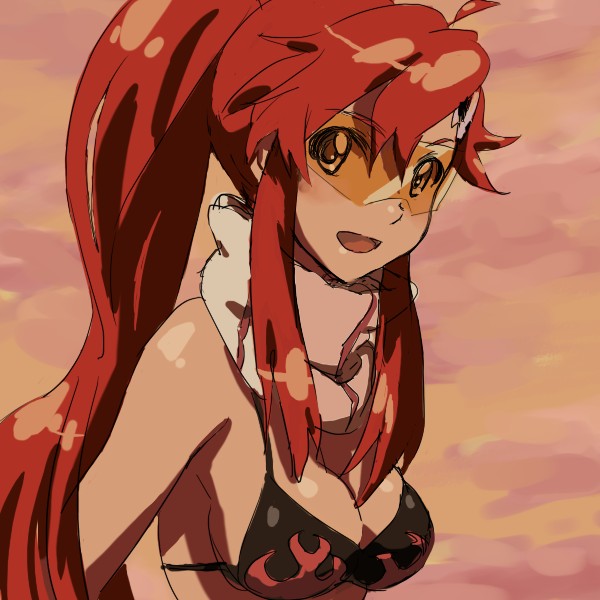 tamura satomi, yoko littner, tengen toppa gurren lagann, visor, bad id, bad pixiv id, 00s, 1girl, bikini, bikini top only, breasts, cleavage, female focus, glasses, goggles, large breasts, long hair, orange-tinted eyewear, orange-tinted glasses, ponytail, red hair, scarf, solo, striped clothes, striped scarf, sunglasses, swimsuit, tinted eyewear