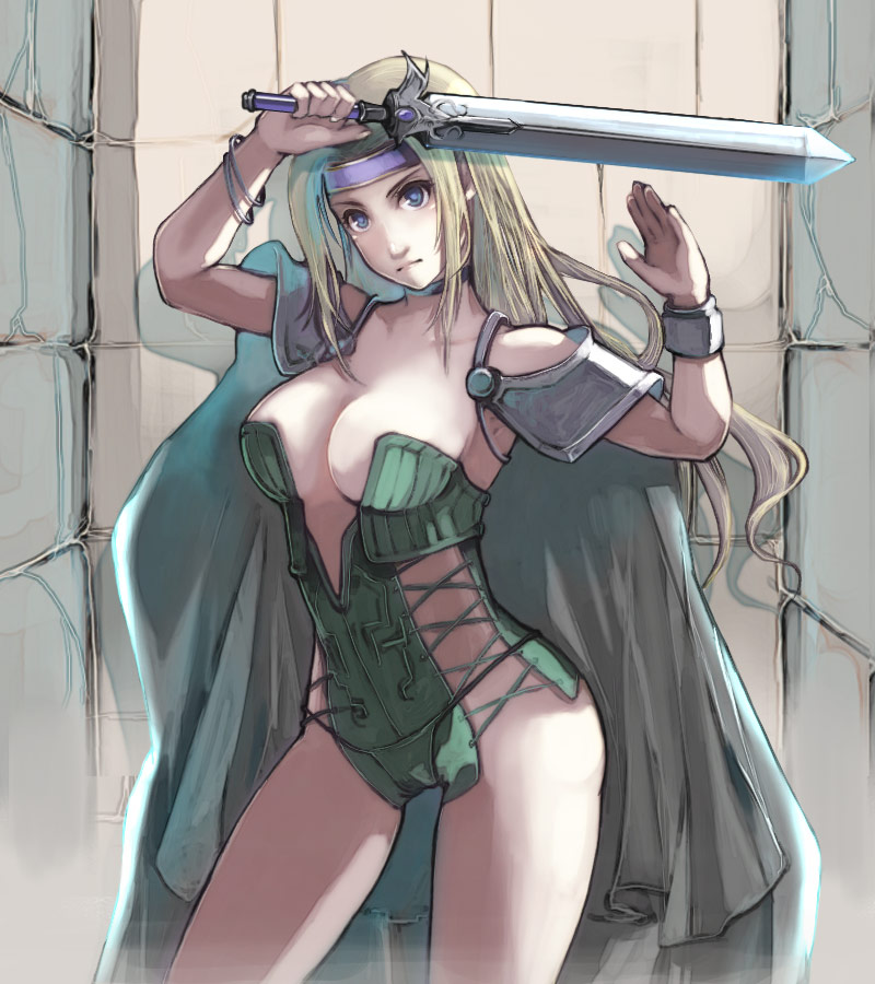 miso katsu, celes chere, final fantasy, final fantasy vi, bad id, bad pixiv id, 1990s (style), 1girl, adapted costume, armor, armpits, bare shoulders, blonde hair, blue eyes, bracelet, bracer, breast clinging, breasts, brick wall, cape, center opening, choker, cleavage, contrapposto, cowboy shot, cross-laced clothes, female focus, gem, green panties, hands up, head tilt, headband, holding, holding sword, holding weapon, jewelry, large breasts, legs apart, leotard, long hair, looking at viewer, no bra, panties, pauldrons, retro artstyle, serious, shadow, shoulder armor, sideboob, sidelocks, solo, standing, strapless, strapless leotard, string panties, sword, thighs, underwear, weapon
