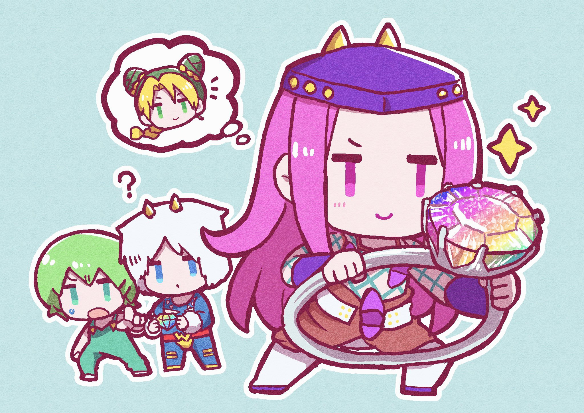 kasasagi (hinagi), foo fighters (jojo), kuujou jolyne, narciso anasui, weather report, jojo no kimyou na bouken, stone ocean, highres, 2boys, 2girls, belt, blonde hair, blue background, blue eyes, braid, braided bun, chibi, chibi only, double bun, fake horns, fishnet top, fishnets, full body, gem, green eyes, green hair, hair bun, hat, holding, holding gem, holding jewelry, holding ring, horned headwear, horns, jewelry, long hair, multicolored hair, multiple boys, multiple girls, outline, overalls, oversized object, pink eyes, pink hair, pointing, ring, smile, sparkle, speech bubble, sweat, thought bubble, waist cape, white outline