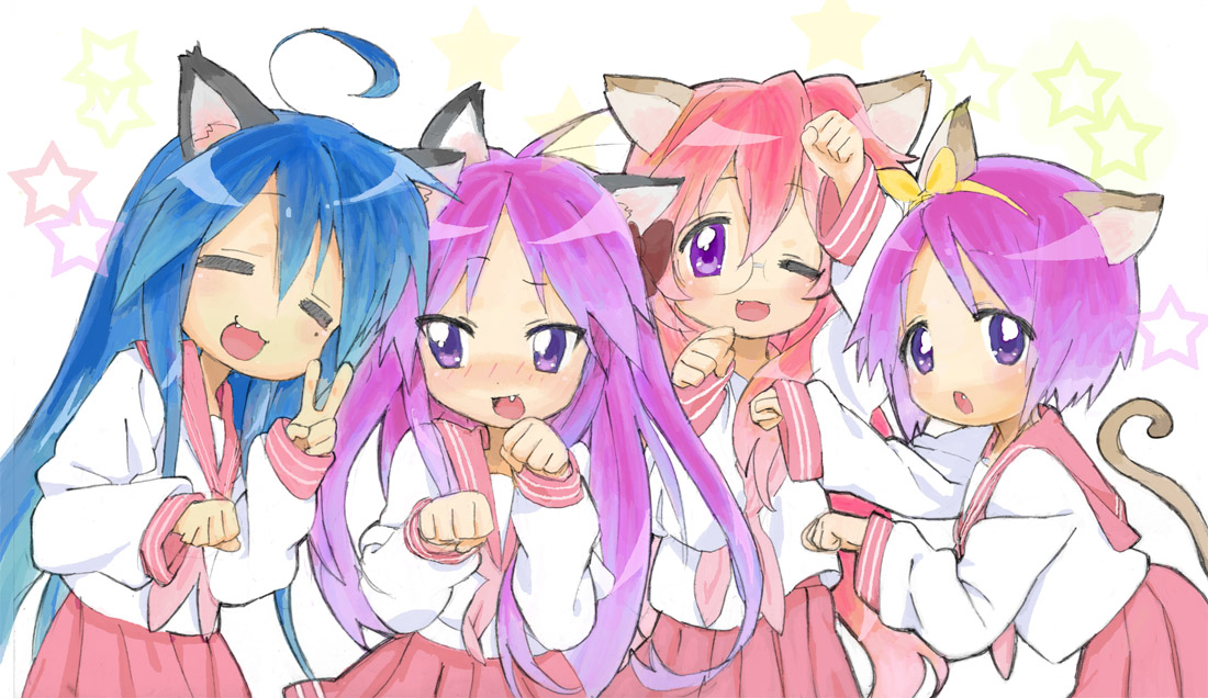 tamura satomi, hiiragi kagami, hiiragi tsukasa, izumi konata, takara miyuki, lucky star, bad id, bad pixiv id, 00s, 4girls, = =, ahoge, animal ears, blue eyes, blue hair, cat ears, cat tail, fang, glasses, green eyes, long hair, mole, mole under eye, multiple girls, paw pose, pink hair, purple eyes, purple hair, red hair, ribbon, school uniform, serafuku, short hair, siblings, sisters, tail, tareme, tsurime, twins, upper body, v