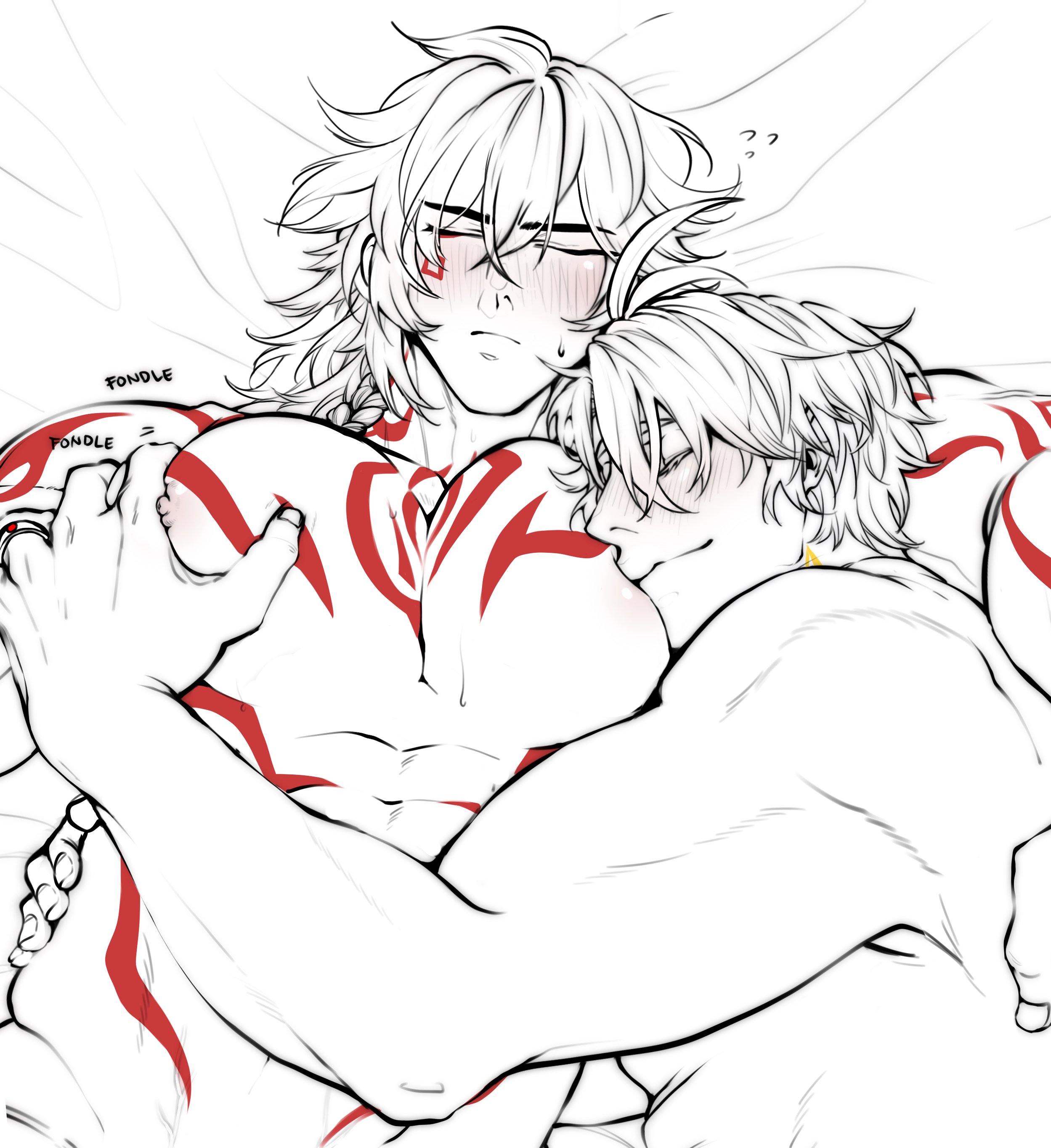 mydei (honkai: star rail), phainon (honkai: star rail), honkai: star rail, honkai (series), absurdres, commentary, english commentary, highres, 2boys, antenna hair, arm tattoo, blush, chest tattoo, closed eyes, closed mouth, facial tattoo, lying, male focus, medium hair, multiple boys, nipples, nude, on back, on bed, partially colored, pectoral grab, puffy male chest, red tattoo, residentcatboy, sleeping together, tattoo, upper body, yaoi