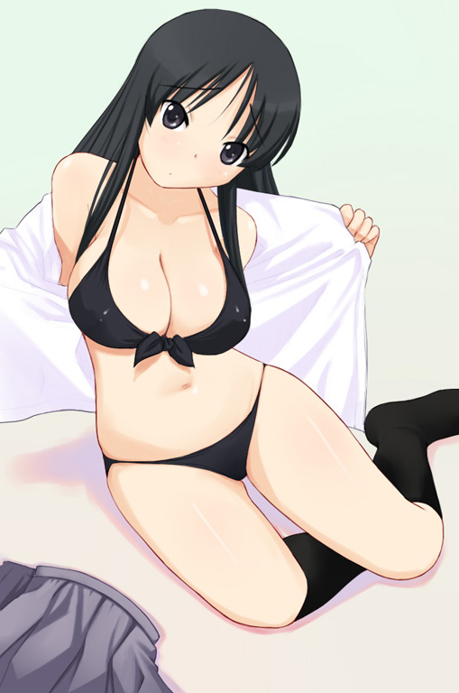 katatsuka kouji, akiyama mio, k-on!, 00s, 1girl, bikini, black bikini, black eyes, black hair, female focus, front-tie top, long hair, socks, solo, swimsuit, undressing