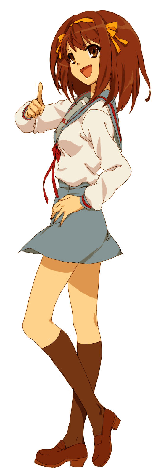 tamura satomi, suzumiya haruhi, suzumiya haruhi no yuuutsu, bad id, bad pixiv id, highres, 00s, brown hair, hairband, kneehighs, ribbon, school uniform, serafuku, short hair, simple background, socks, solo