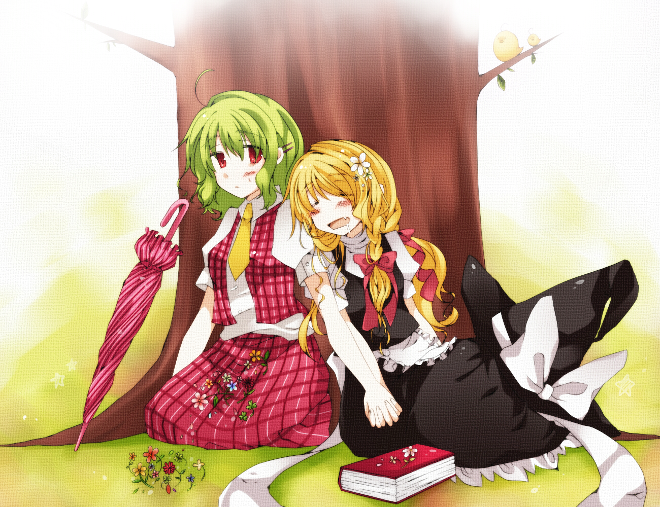 fujisaki miyabi, kazami yuuka, kirisame marisa, phantasmagoria of flower view, touhou, bad id, bad pixiv id, 2girls, against tree, ahoge, ascot, bird, blonde hair, blush, book, closed eyes, closed umbrella, female focus, flower, green hair, hair flower, hair ornament, hair ribbon, hairclip, hat, holding hands, kneeling, multiple girls, necktie, plaid clothes, plaid skirt, plaid vest, red eyes, ribbon, saliva, short hair, skirt, skirt set, sleeping, tree, umbrella, unworn hat, unworn headwear, vest, witch, witch hat, yellow necktie, yuri