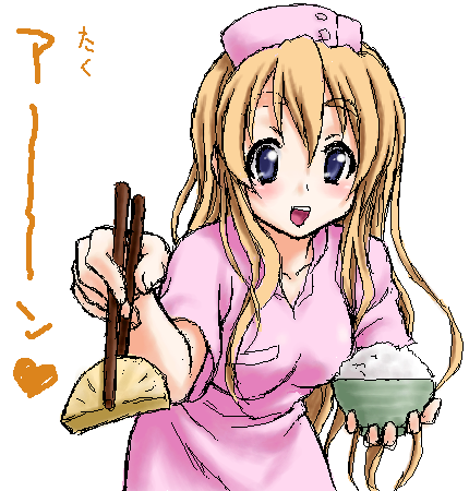 peter (artist), kotobuki tsumugi, k-on!, lowres, 00s, 1girl, blonde hair, blue eyes, bowl, chopsticks, female focus, food, long hair, nurse, oekaki, rice, rice bowl, solo, takuan, white background
