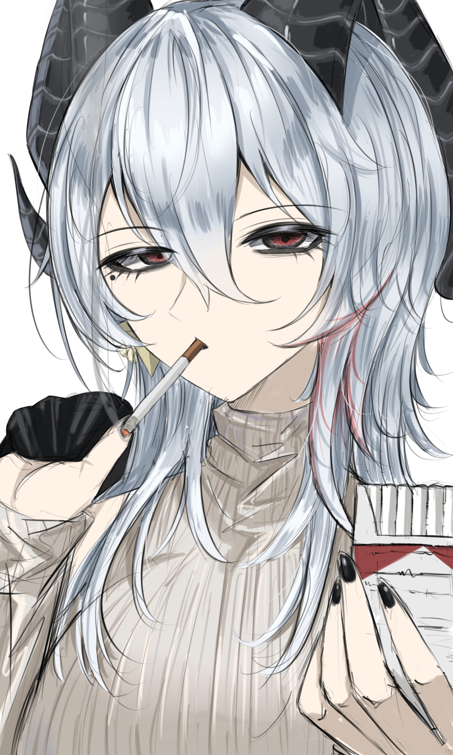 zani (downtown repose) (wuthering waves), zani (wuthering waves), wuthering waves, absurdres, highres, 1girl, black horns, black nails, cigarette, curled horns, dress, haguchan 0328, horns, multicolored hair, official alternate costume, simple background, solo, streaked hair, sweater, sweater dress, upper body, white background