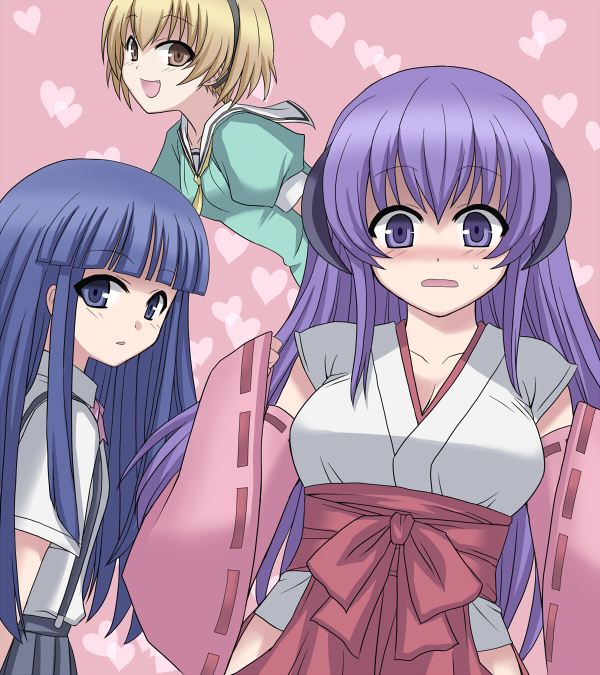 amane hasuhito, furude rika, hanyuu, houjou satoko, higurashi no naku koro ni, bad id, bad pixiv id, 00s, 3girls, blonde hair, blue eyes, blue hair, blunt bangs, blush, breasts, brown eyes, cleavage, demon girl, detached sleeves, dress, hairband, hakama, hakama skirt, heart, hime cut, horns, japanese clothes, long hair, miko, multiple girls, purple eyes, purple hair, red hakama, sailor dress, short hair, skirt, suspender skirt, suspenders