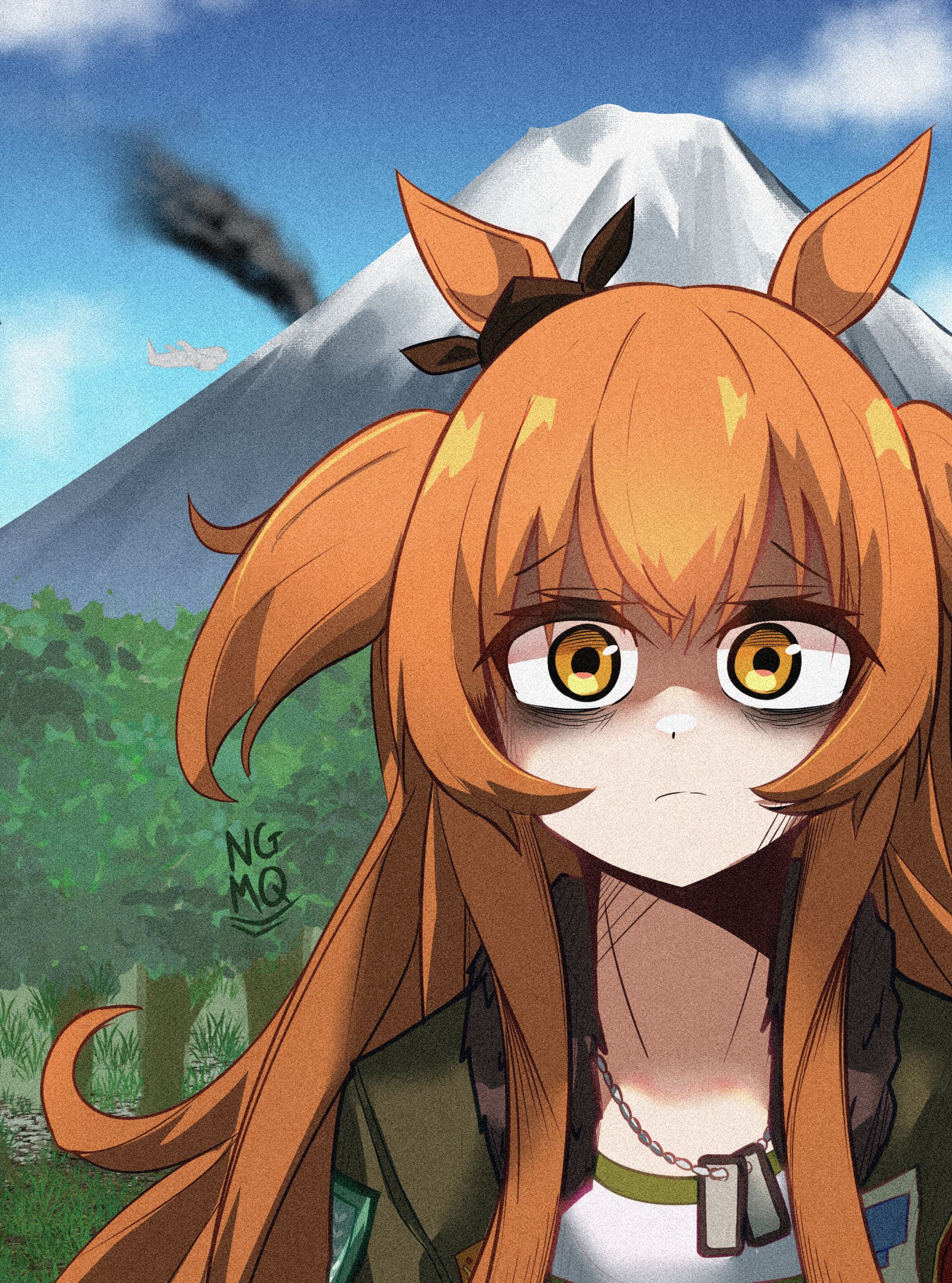 mayano top gun (scramble zone) (umamusume), mayano top gun (umamusume), umamusume, highres, 1girl, animal ears, black smoke, bomber jacket, bow, brown ribbon, dog tags, ear bow, ear ribbon, green jacket, hair between eyes, horse ears, horse girl, jacket, long hair, long sleeves, looking at viewer, mount fuji, ngmq, orange eyes, orange hair, ribbon, shirt, solo, two side up