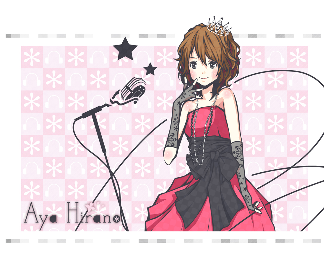 vinzerd, hirano aya, real life, 1girl, animification, bare shoulders, blush, brown hair, crown, dress, elbow gloves, female focus, fingerless gloves, gloves, jewelry, microphone, microphone stand, necklace, real life insert, ribbon, short hair, smile, solo, strapless, strapless dress, voice actor