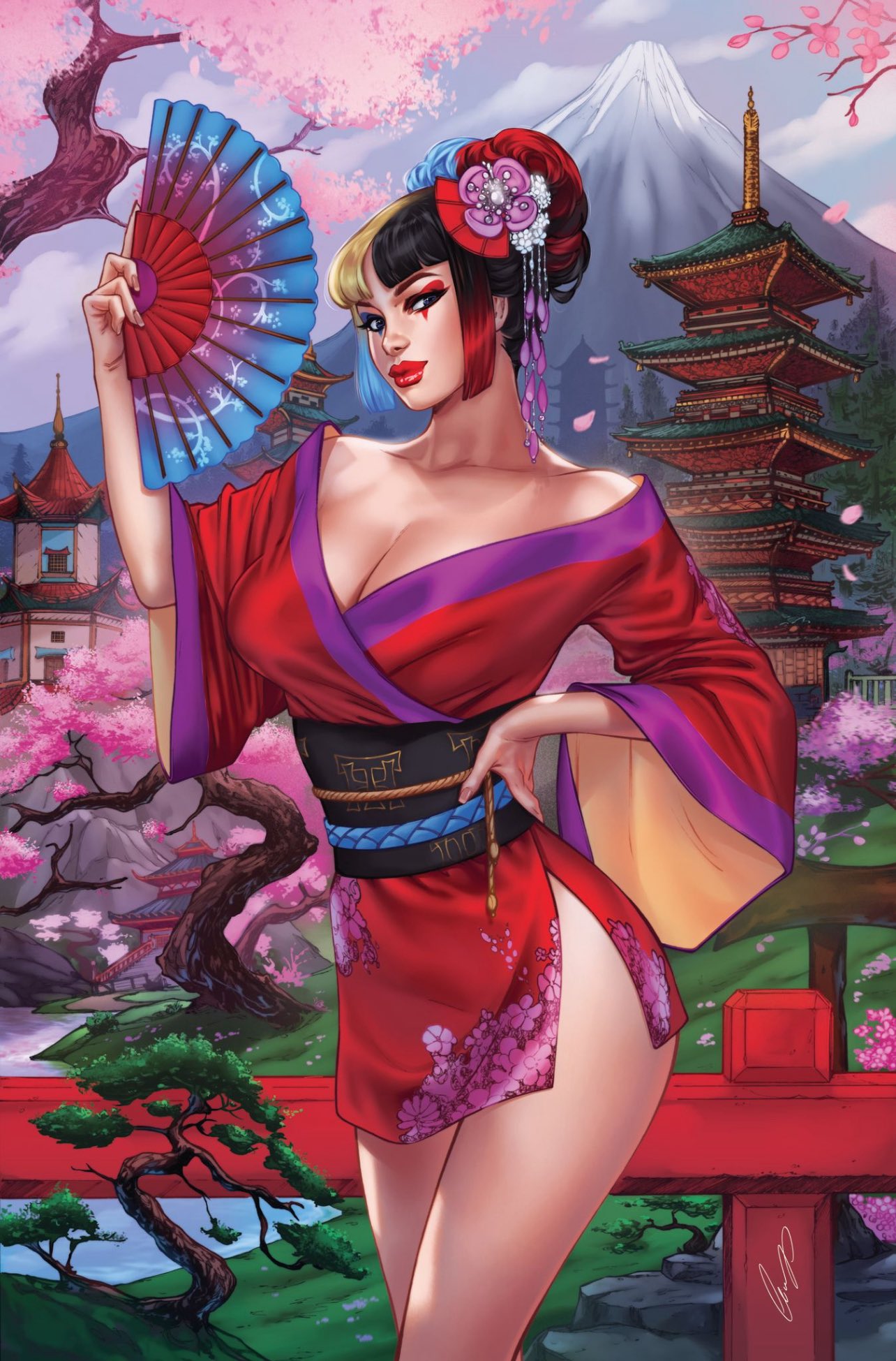 elias chatzoudis, highres, 1girl, architecture, black hair, blonde hair, blue hair, bonsai, breasts, cherry blossoms, cleavage, counterpoint comics, day, east asian architecture, grass, hand fan, hardlee thinn, holding, holding fan, japanese clothes, kimono, large breasts, looking at viewer, mountain, multicolored hair, outdoors, red hair, red kimono, red lips, side slit, signature, solo