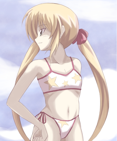 azumaya hironaru, sanzen'in nagi, hayate no gotoku!, 00s, 1girl, bikini, blonde hair, female focus, flat chest, green eyes, hand on own hip, hip focus, long hair, looking back, outdoors, side-tie bikini bottom, sky, solo, sports bikini, swimsuit, twintails