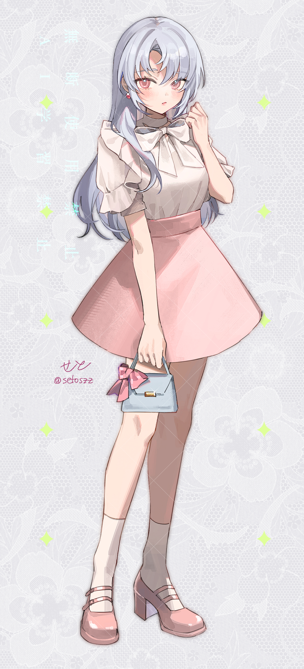 seto jiro, original, commission, hashtag-only commentary, highres, 1girl, artist name, bag, blue bag, blush, bow, breasts, earrings, full body, grey background, grey hair, handbag, high heels, jewelry, lace background, looking at viewer, mary janes, medium breasts, parted bangs, pink eyes, pink lips, pink skirt, puffy short sleeves, puffy sleeves, shirt, shirt bow, shirt tucked in, shoes, short sleeves, simple background, skirt, socks, sphere earrings, standing, twitter username, watermark, white shirt
