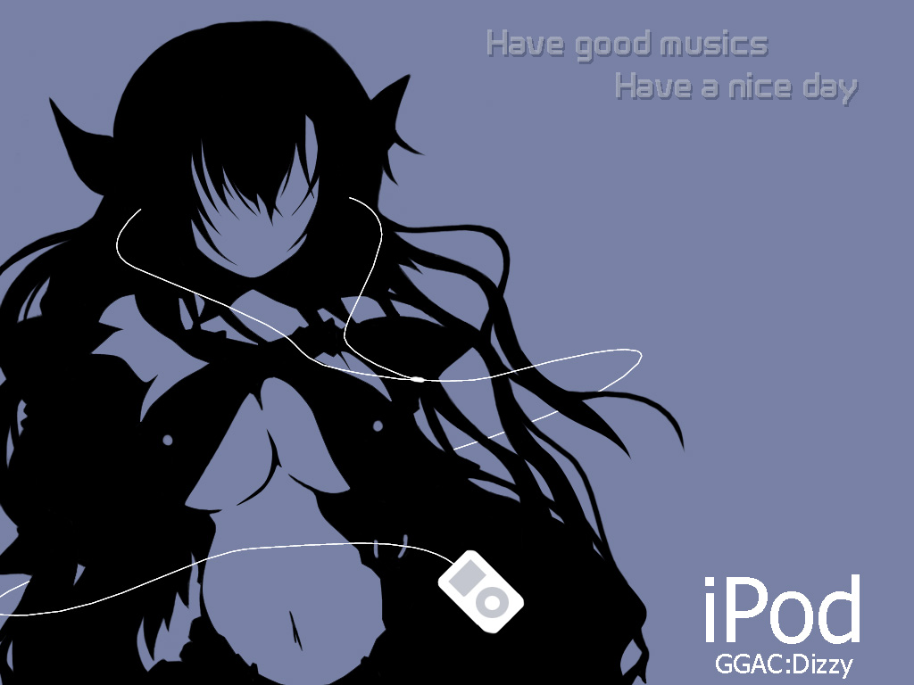 dizzy (guilty gear), apple inc., guilty gear, tagme, 1girl, breasts, character name, digital media player, earphones, english text, engrish text, faceless, faceless female, female focus, ipod, ipod ad, limited palette, medium breasts, no bra, parody, ranguage, silhouette, simple background, solo