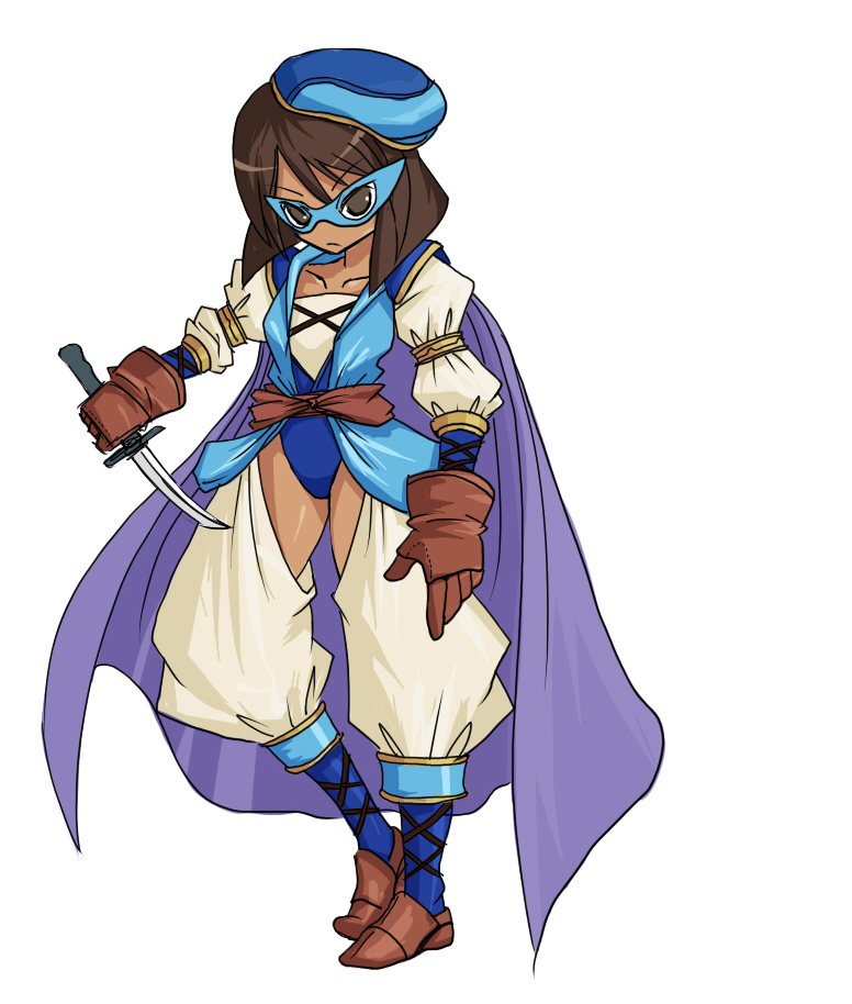 tun, blue mage (final fantasy), mystic knight, rapha galthena, final fantasy, final fantasy tactics, final fantasy v, 1990s (style), 1girl, boots, brown eyes, brown hair, cape, class change, dark-skinned female, dark skin, domino mask, eye mask, female focus, full body, gloves, hat, knife, mask, retro artstyle, short hair, simple background, solo, white background