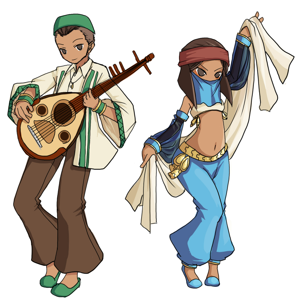 tun, bard (fft), dancer (fft), marach galthena, rapha galthena, final fantasy, final fantasy tactics, arabian clothes, belly dancer, brother and sister, brown eyes, brown hair, class change, dark skin, detached sleeves, headband, instrument, lute (instrument), midriff, scarf, shawl, short hair, siblings, simple background, veil