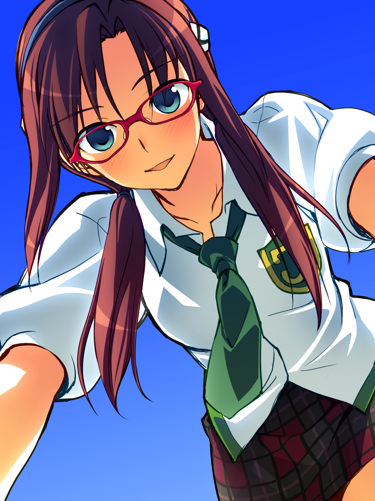 yuuki keisuke, makinami mari illustrious, evangelion: 2.0 you can (not) advance, neon genesis evangelion, rebuild of evangelion, highres, 00s, 1girl, blue eyes, blush, brown hair, female focus, from below, glasses, long hair, looking down, necktie, red-framed eyewear, school uniform, simple background, solo, twintails