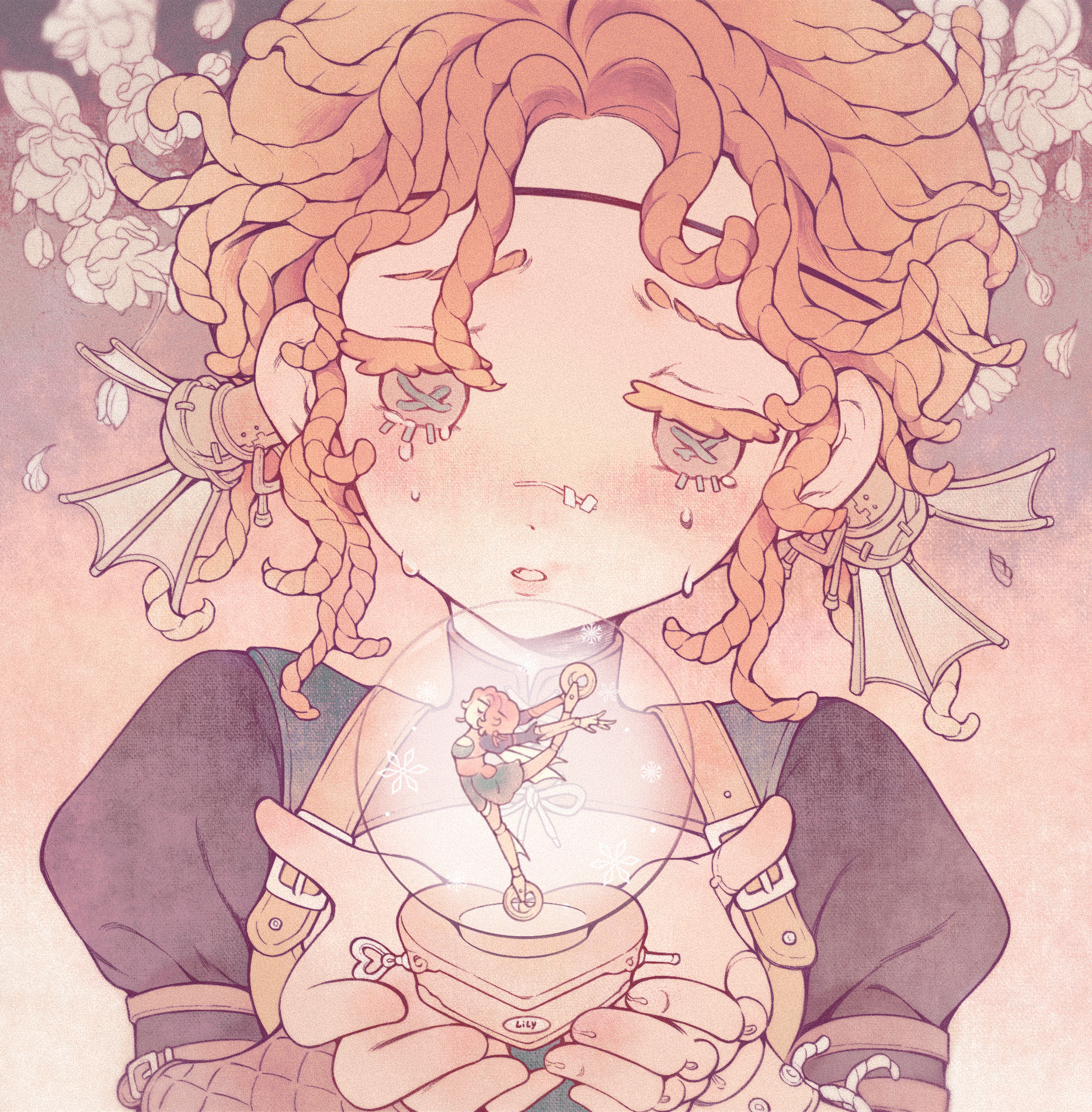 chunjian (chenlu769), lily barriere, lily barriere (congretator), identity v, highres, 2girls, :o, button eyes, buttons, colored eyelashes, crying, doll joints, dual persona, fang, hair intakes, head tilt, holding, holding snow globe, joints, mini person, multiple girls, music box, official alternate costume, orange theme, portrait, puffy sleeves, raised inner eyebrows, snow globe, wavy hair